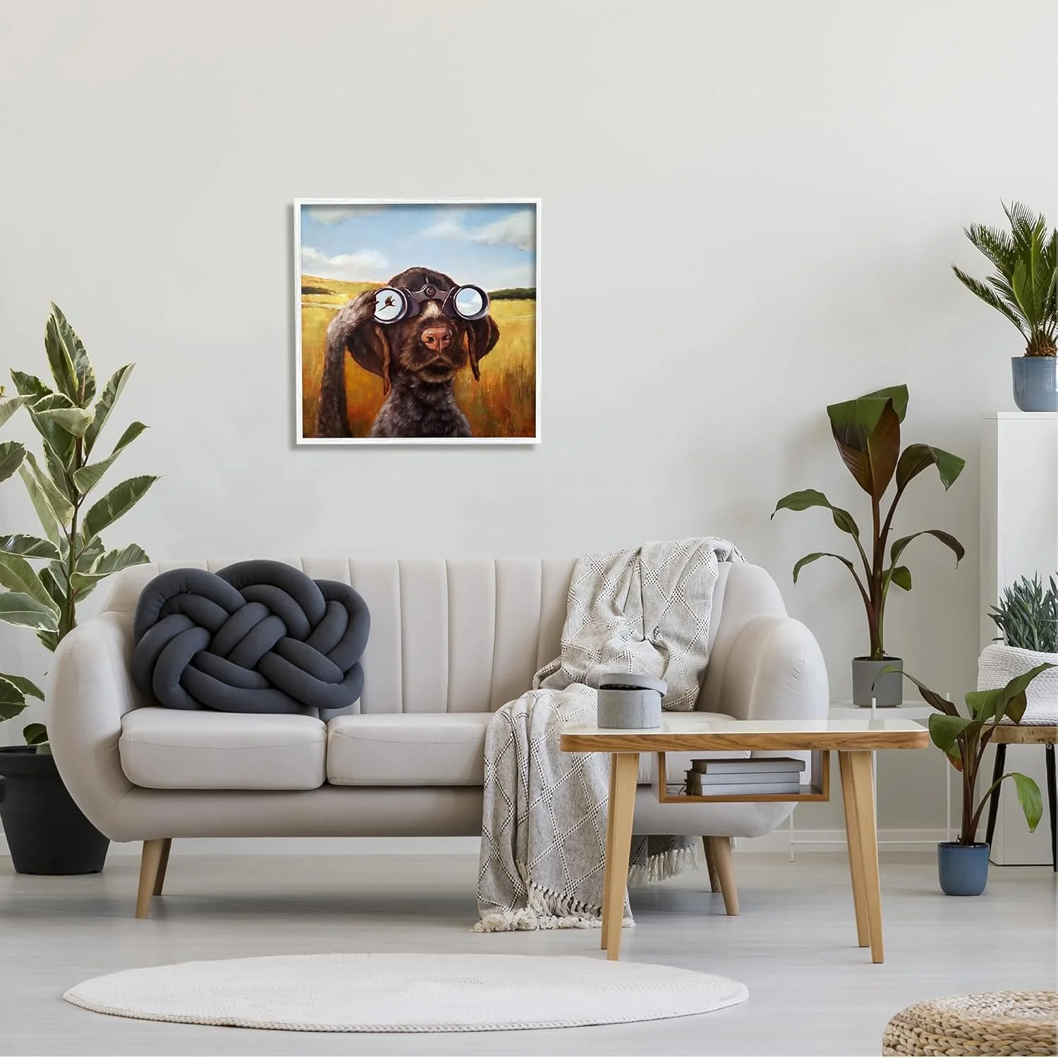 طرح هنری ژیکله قاب‌دار سفید سگ در حال تماشای پرنده با دوربین دوچشمی اثر لوسیا هفرنان از استوپل اینداستریز