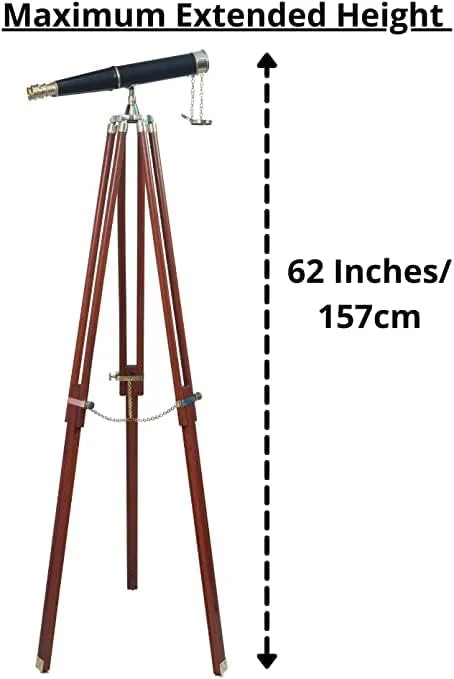 دوربین دوچشمی دریایی برنجی با روکش چرمی مشکی، دکوری کاربردی به همراه سه پایه چوبی، ارتفاع 157 سانتیمتر