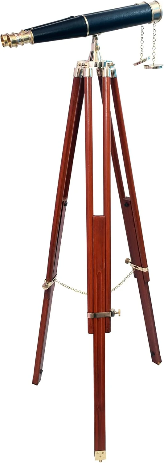 دوربین دوچشمی دریایی برنجی با روکش چرمی مشکی، دکوری کاربردی به همراه سه پایه چوبی، ارتفاع 157 سانتیمتر