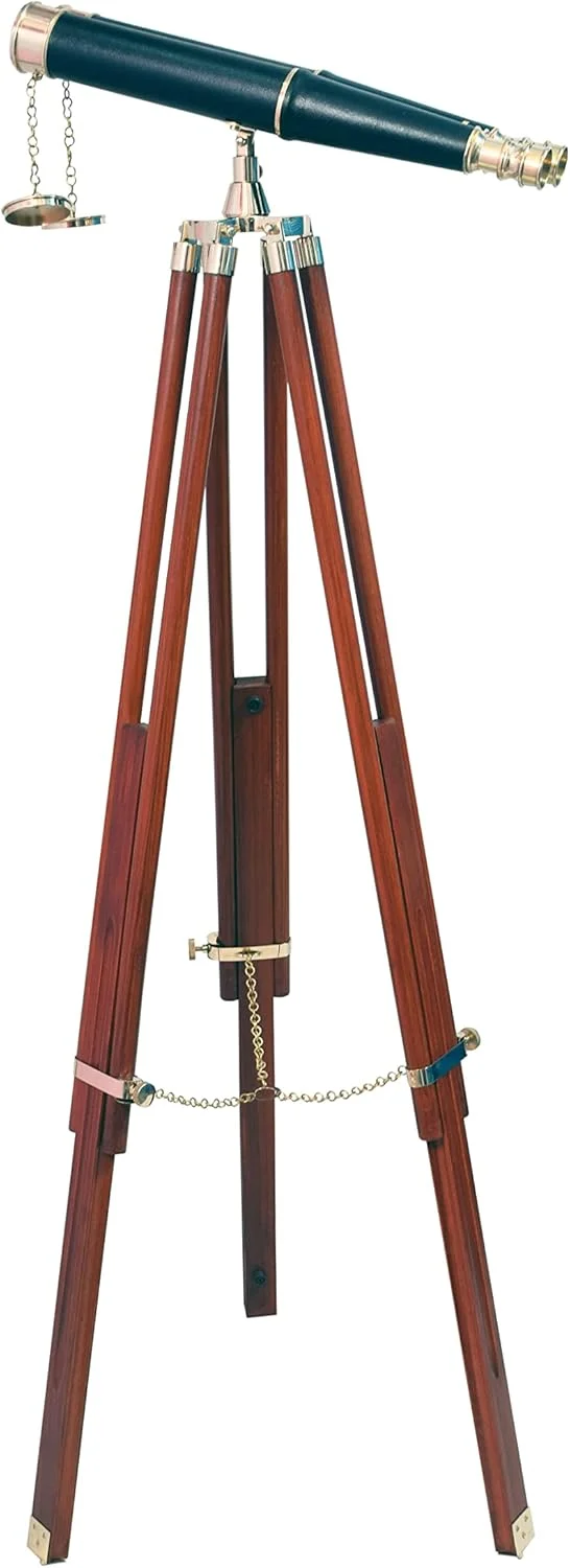 دوربین دوچشمی دریایی برنجی با روکش چرمی مشکی، دکوری کاربردی به همراه سه پایه چوبی، ارتفاع 157 سانتیمتر