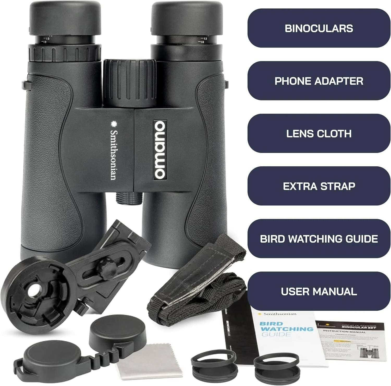 دوربین دوچشمی پرنده‌نگری بزرگسالان اسمیتسونیان - 10x42، آداپتور تلفن، دیوپتر قابل تنظیم - ایده آل برای پیاده روی، مسافرت - شامل راهنمای پرنده نگری