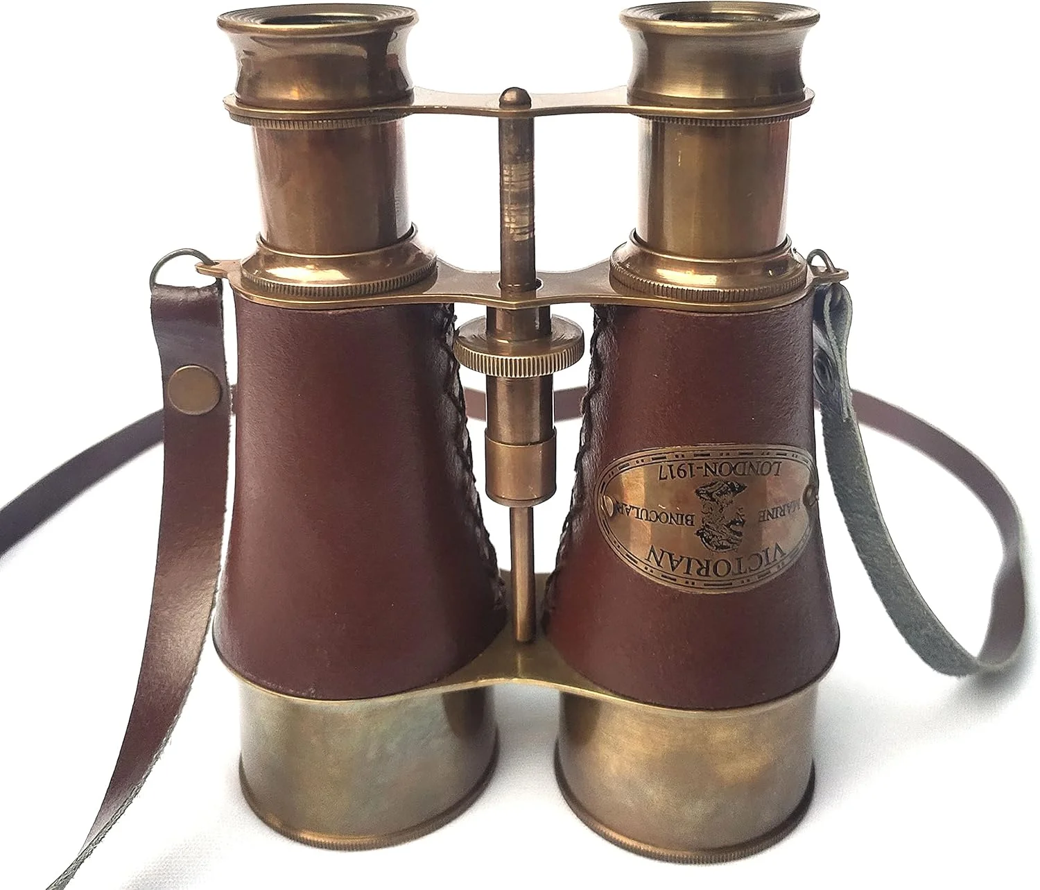 دوربین شکاری برنجی عتیقه 15 سانتی‌متری با روکش چرمی قهوه‌ای و بند گردنی چرمی؛ مناسب برای شکار، تیراندازی، تماشای پرندگان و استفاده‌های دریایی