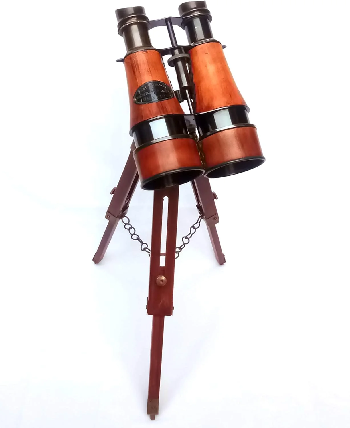 دوربین دوچشمی برنجی جامد عتیقه با روکش چرمی قرمز به سبک Dollond's London - 1920 به همراه پایه رومیزی سه پایه (ماکت)، ارتفاع کلی 35 سانتی متر با سه پایه