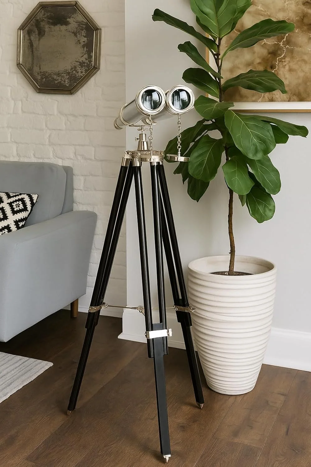 دوربین دوچشمی ایستاده با روکش نیکل دریایی 157 سانتی‌متری (157 سانتی‌متر، رنگ: نقره‌ای)، دکوری منزل با طرح دریانوردی