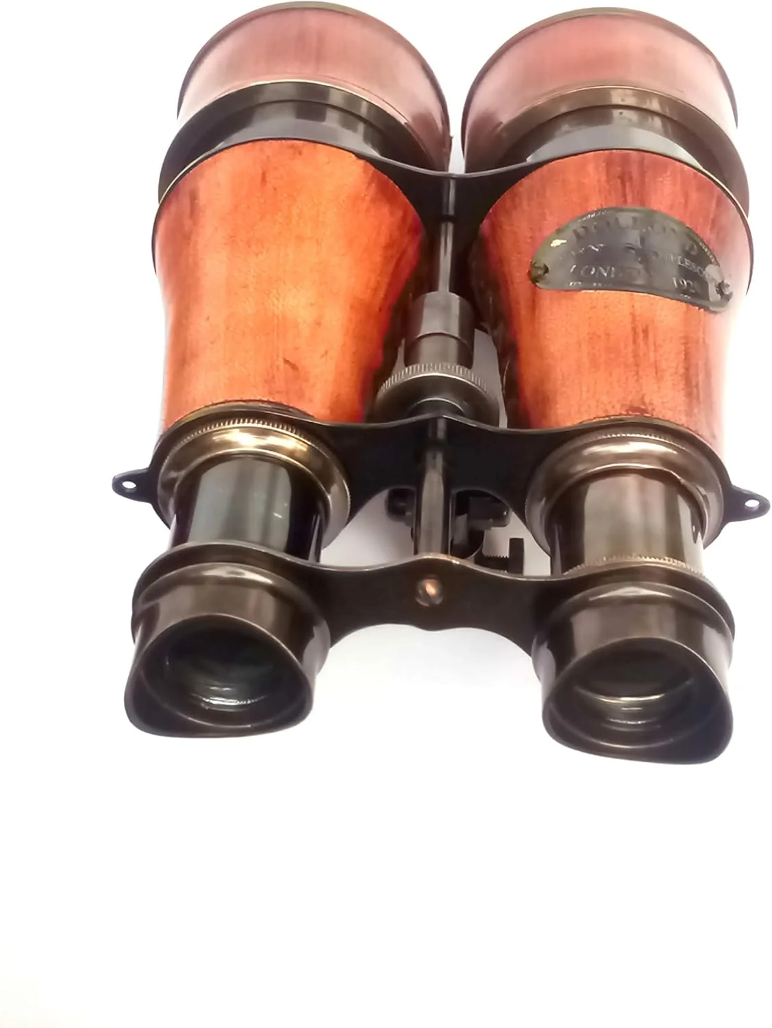 دوربین دوچشمی برنجی جامد عتیقه با روکش چرمی قرمز به سبک Dollond's London - 1920 به همراه پایه رومیزی سه پایه (ماکت)، ارتفاع کلی 35 سانتی متر با سه پایه