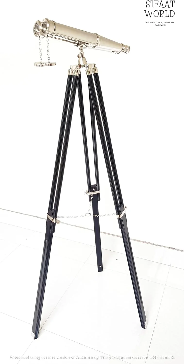 دوربین دوچشمی ایستاده با روکش نیکل دریایی 157 سانتی‌متری (157 سانتی‌متر، رنگ: نقره‌ای)، دکوری منزل با طرح دریانوردی