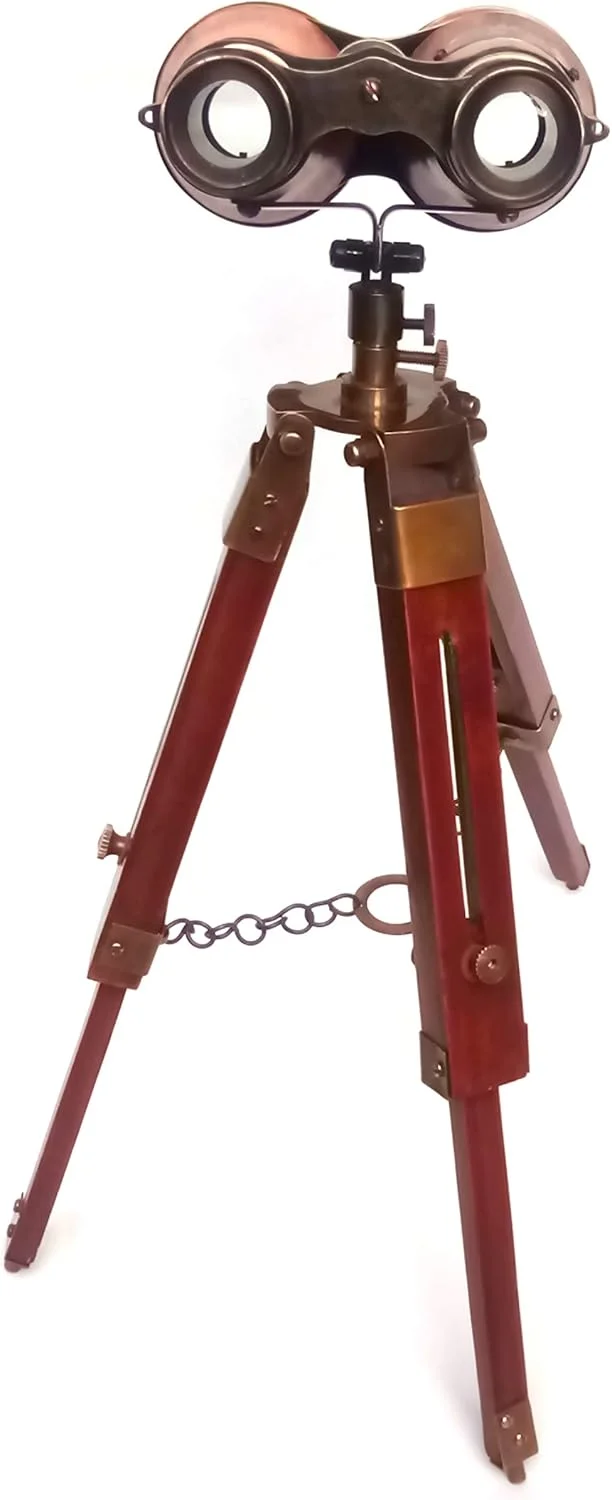دوربین دوچشمی برنجی جامد عتیقه با روکش چرمی قرمز به سبک Dollond's London - 1920 به همراه پایه رومیزی سه پایه (ماکت)، ارتفاع کلی 35 سانتی متر با سه پایه