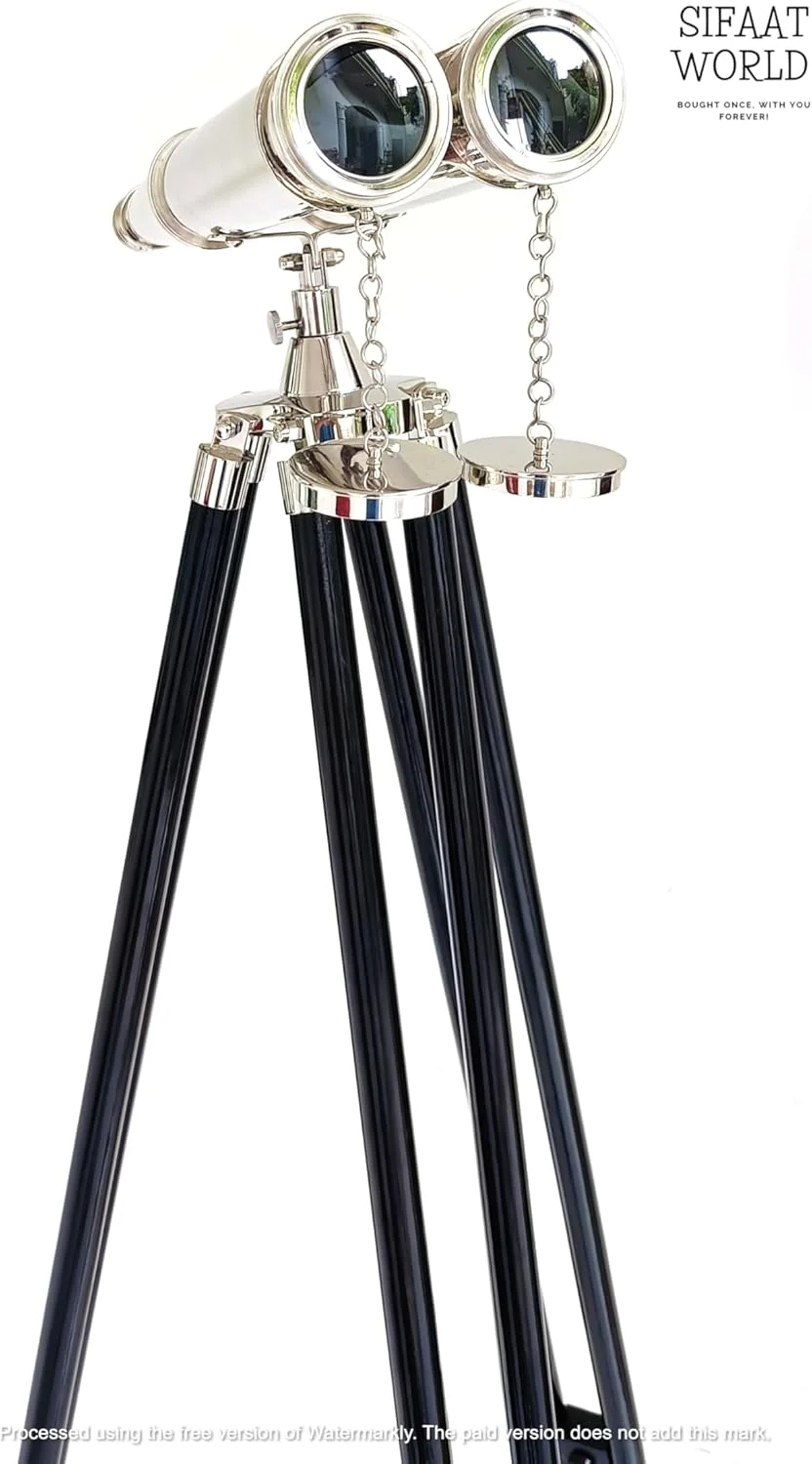 دوربین دوچشمی ایستاده با روکش نیکل دریایی 157 سانتی‌متری (157 سانتی‌متر، رنگ: نقره‌ای)، دکوری منزل با طرح دریانوردی