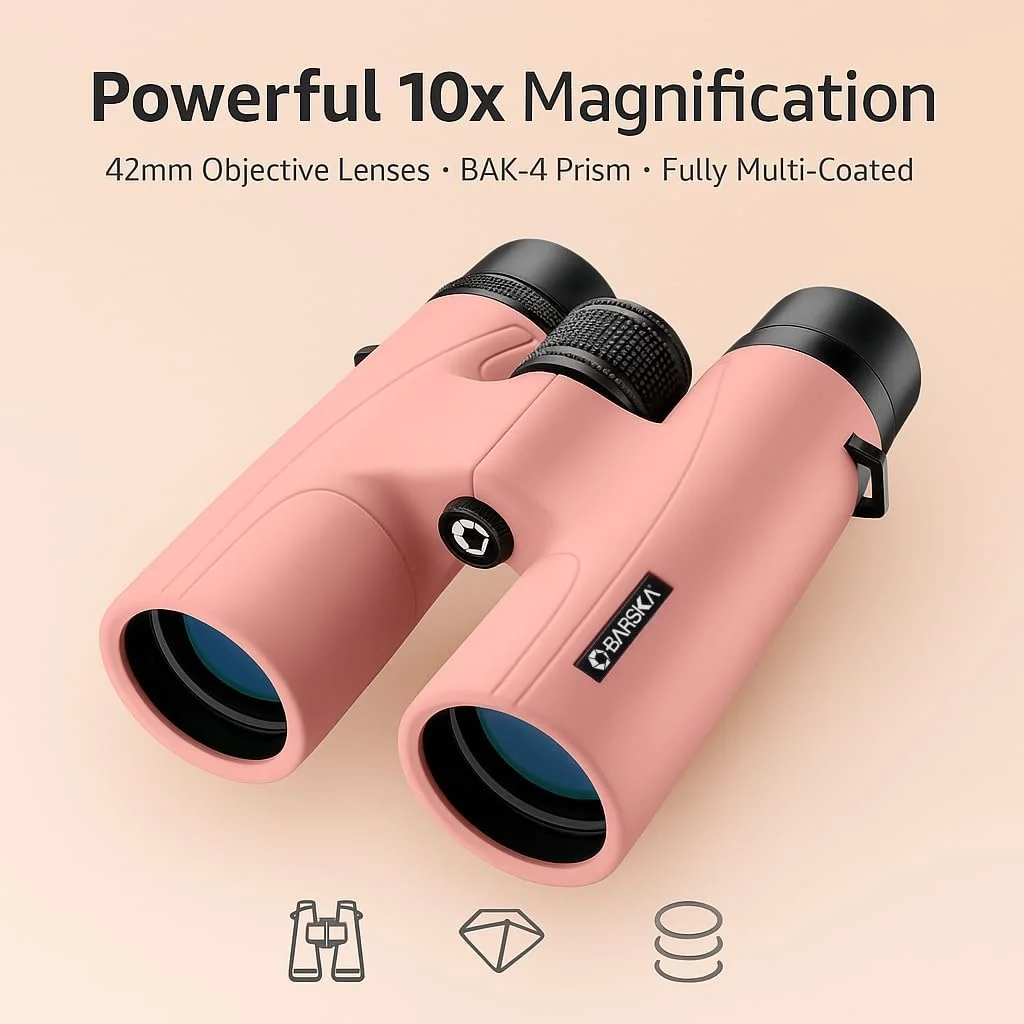 دوربین دوچشمی بارسکا Crush 10x42 - طراحی سبک، جمع و جور و ضد ضربه در رنگ های روشن برای پیاده روی، مسافرت، کنسرت، ورزش، ایده آل برای هدیه - کیف و بند گردنی همراه