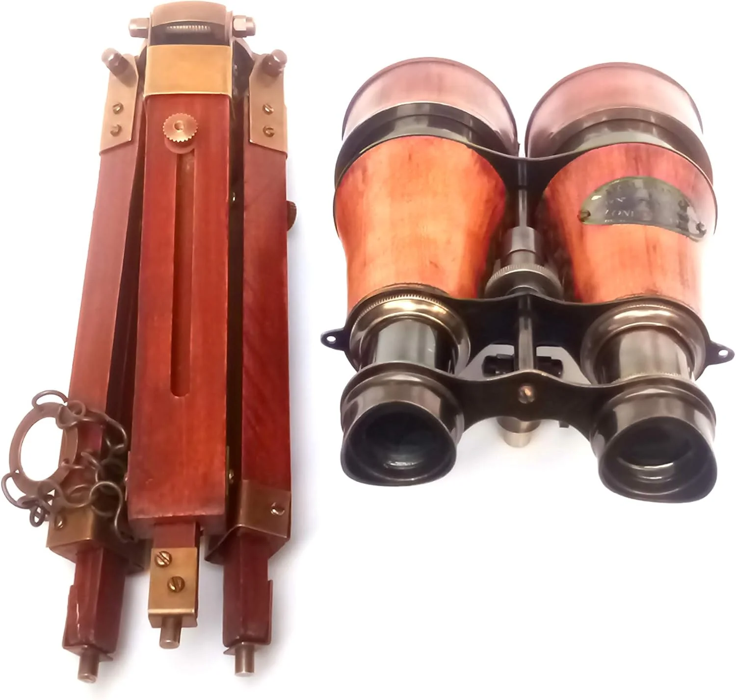 دوربین دوچشمی برنجی جامد عتیقه با روکش چرمی قرمز به سبک Dollond's London - 1920 به همراه پایه رومیزی سه پایه (ماکت)، ارتفاع کلی 35 سانتی متر با سه پایه