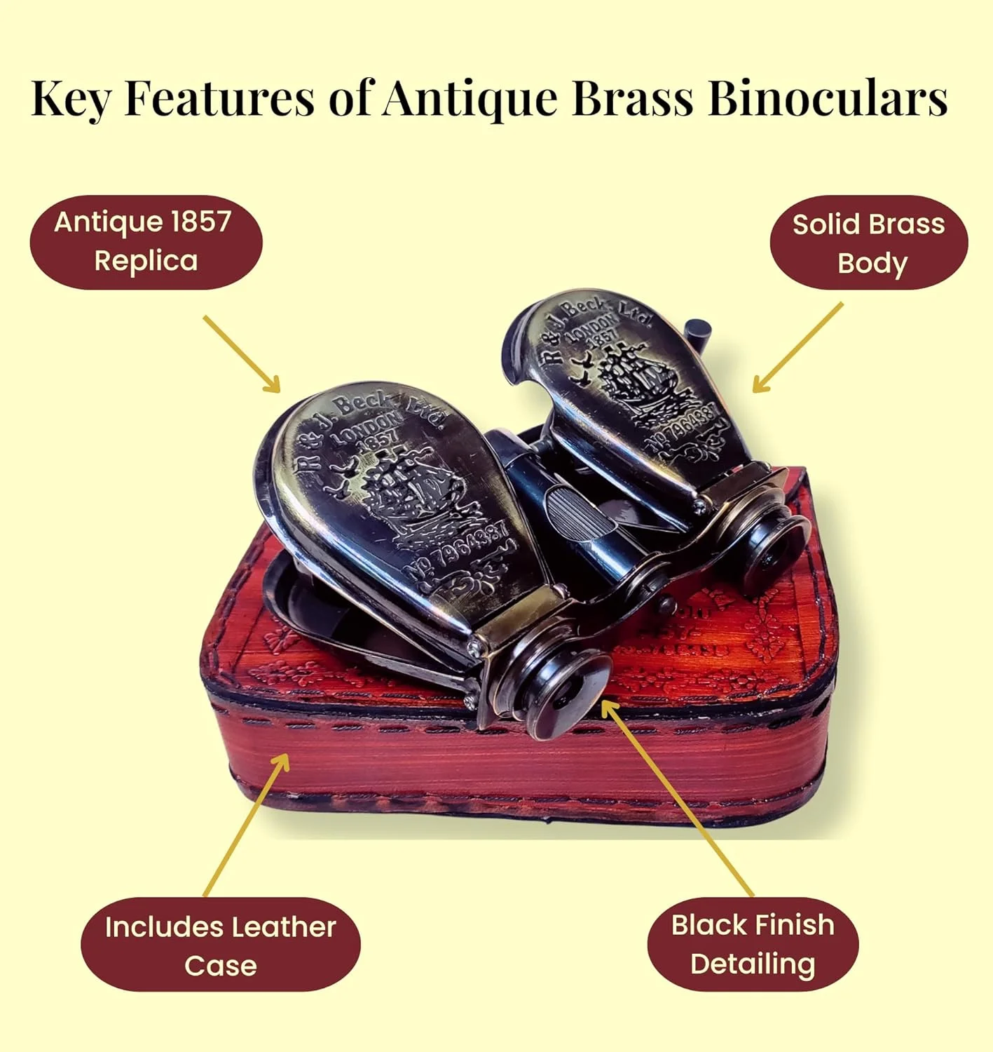 دوربین شکاری برنجی عتیقه - کلکسیونی قدیمی برای تماشای پرندگان، شکار و دکوراسیون دریایی - مدل R&J Beck Ltd London 1857 به همراه کیف چرمی (مشکی)