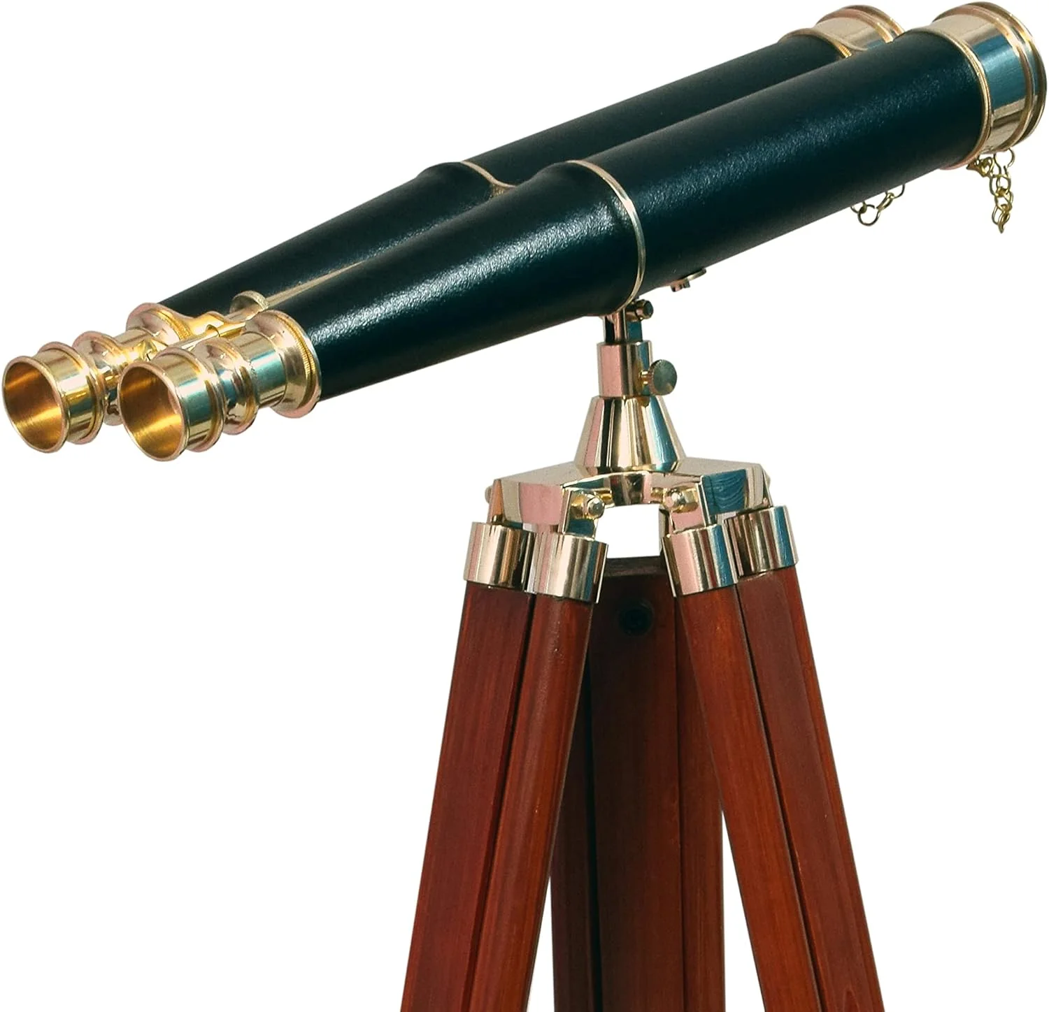 دوربین دوچشمی برنجی 157 سانتی‌متری با روکش چرمی مشکی، دکوری دریایی کاربردی برای بزرگسالان به همراه سه‌پایه چوبی