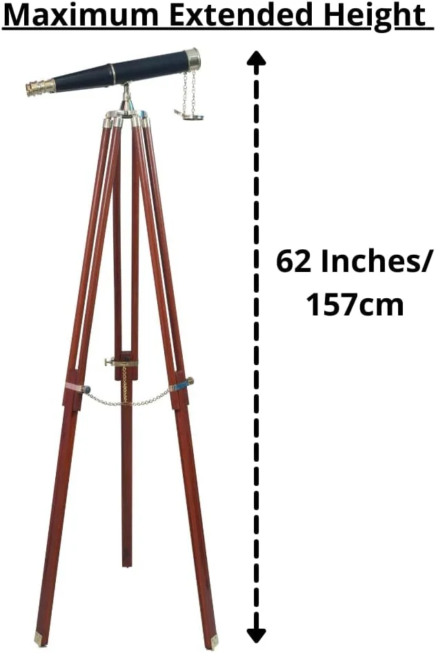 دوربین دوچشمی برنجی 157 سانتی‌متری با روکش چرمی مشکی، دکوری دریایی کاربردی برای بزرگسالان به همراه سه‌پایه چوبی