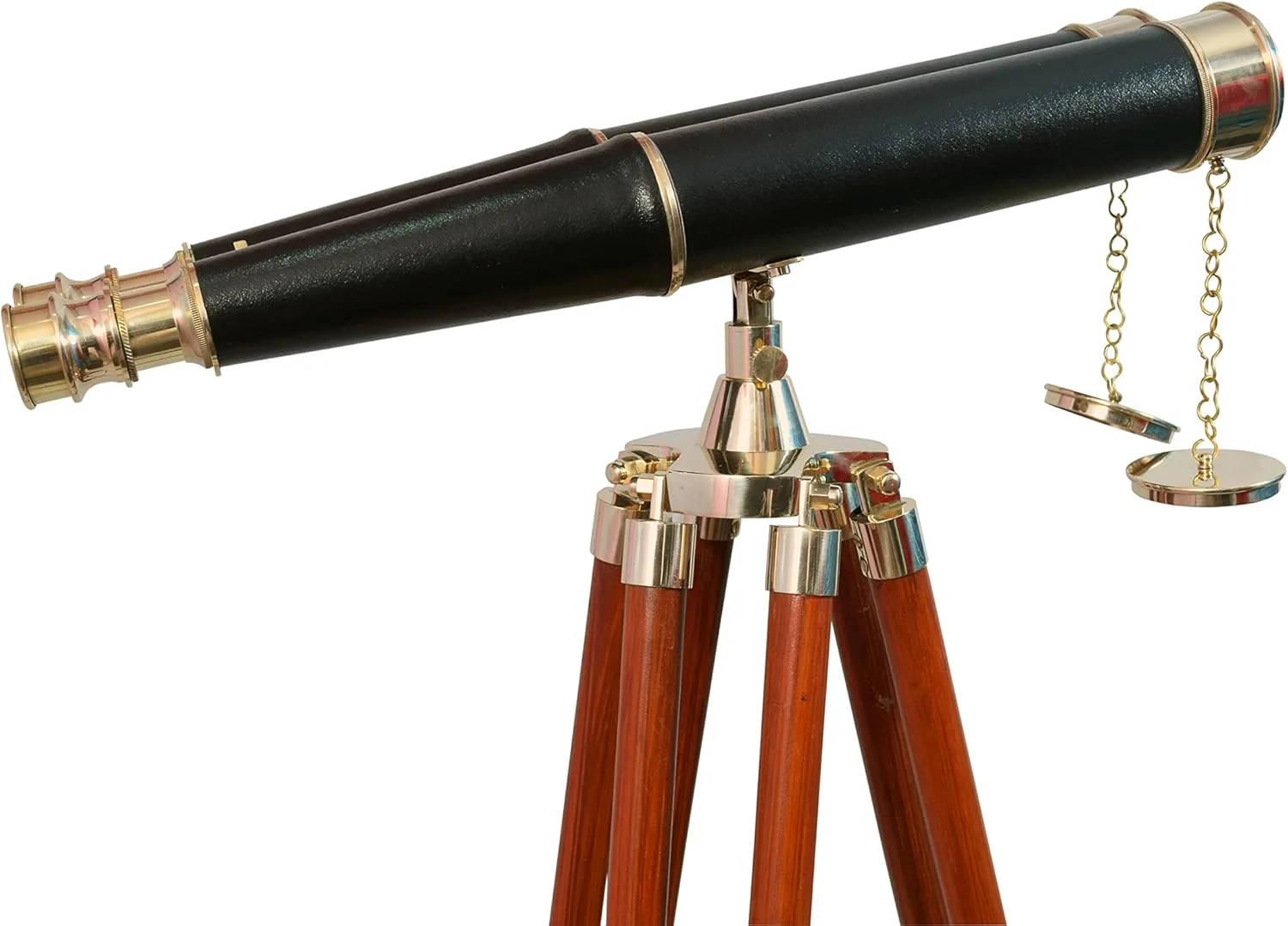 دوربین دوچشمی برنجی 157 سانتی‌متری با روکش چرمی مشکی، دکوری دریایی کاربردی برای بزرگسالان به همراه سه‌پایه چوبی