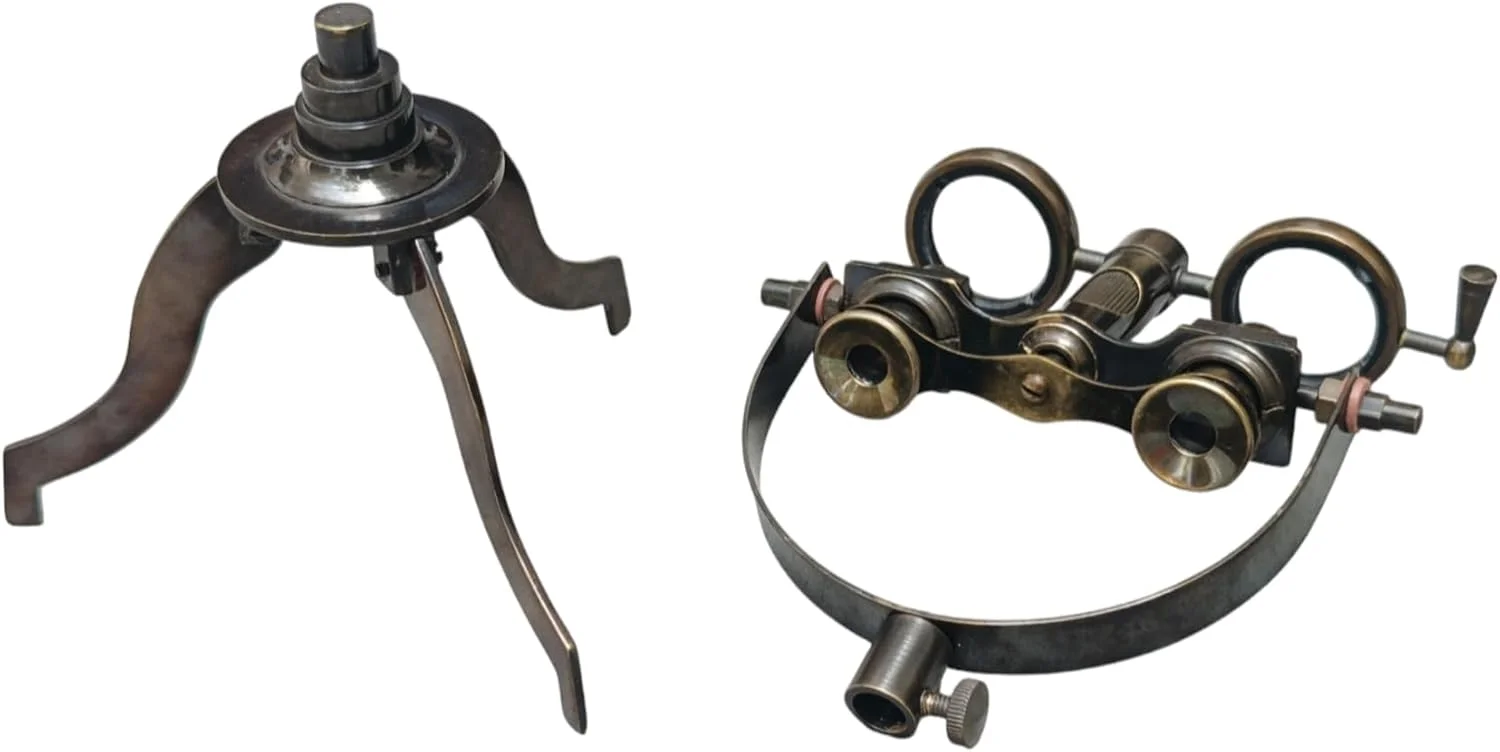 دکوری میز دوربین دوچشمی برنجی عتیقه با پایه سه پایه قابل تنظیم - لوازم جانبی میز اداری قدیمی