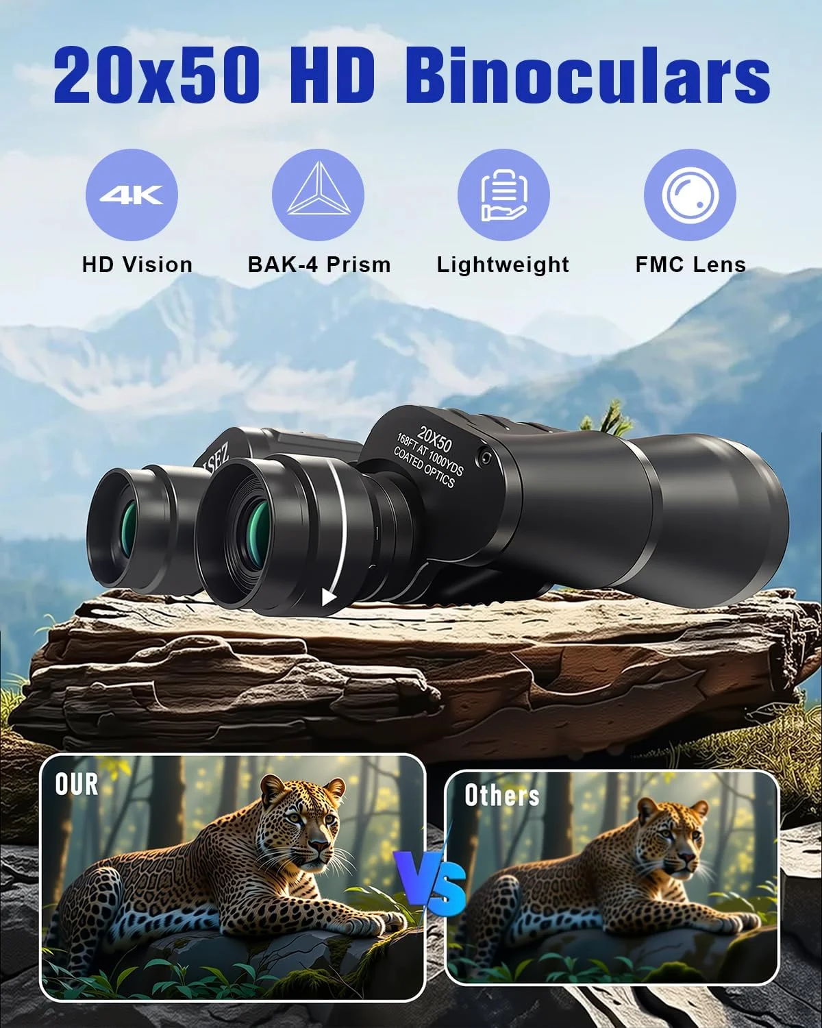 دوربین دوچشمی 20x50 قوی برای بزرگسالان، دوربین دوچشمی بادوام و شفاف برای تماشای پرندگان، گشت و گذار، تماشای حیات وحش، مسافرت، شکار، بازی های فوتبال، تماشای ستارگان با کیف حمل و بند