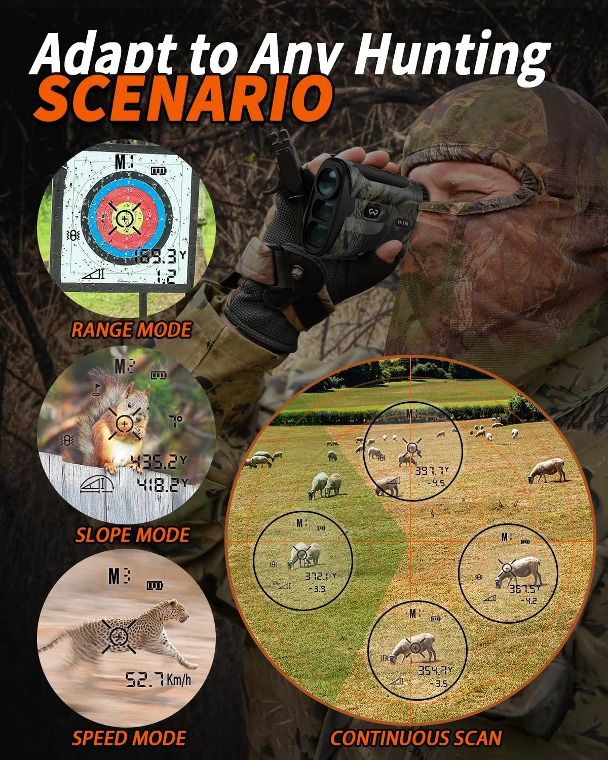 فاصله یاب شکار WOSPORTS، برد 1200 یاردی با عملکردهای چندگانه فاصله/زاویه/سرعت/اسکن، بزرگنمایی 6 برابر