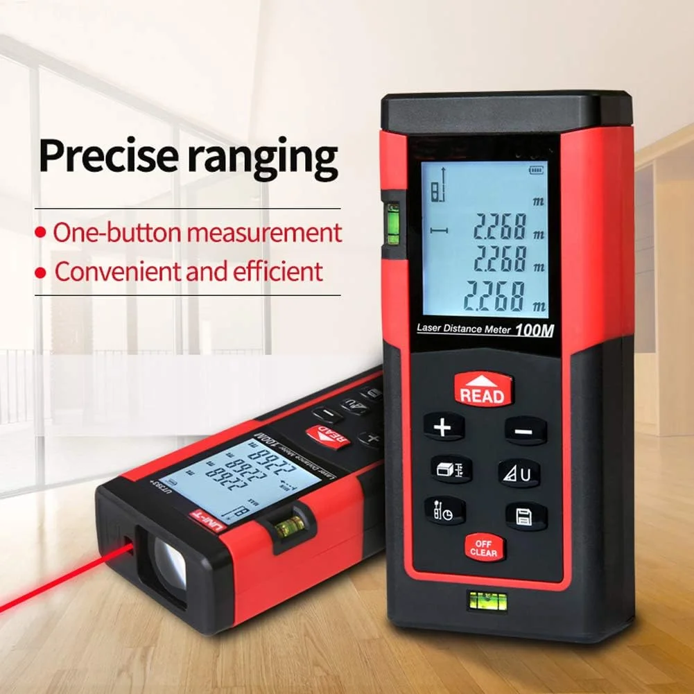 فاصله یاب دقیق، 100 متر، ابزار اندازه گیری چند منظوره با تراز افقی، ذخیره سازی داده، نور پس زمینه HD