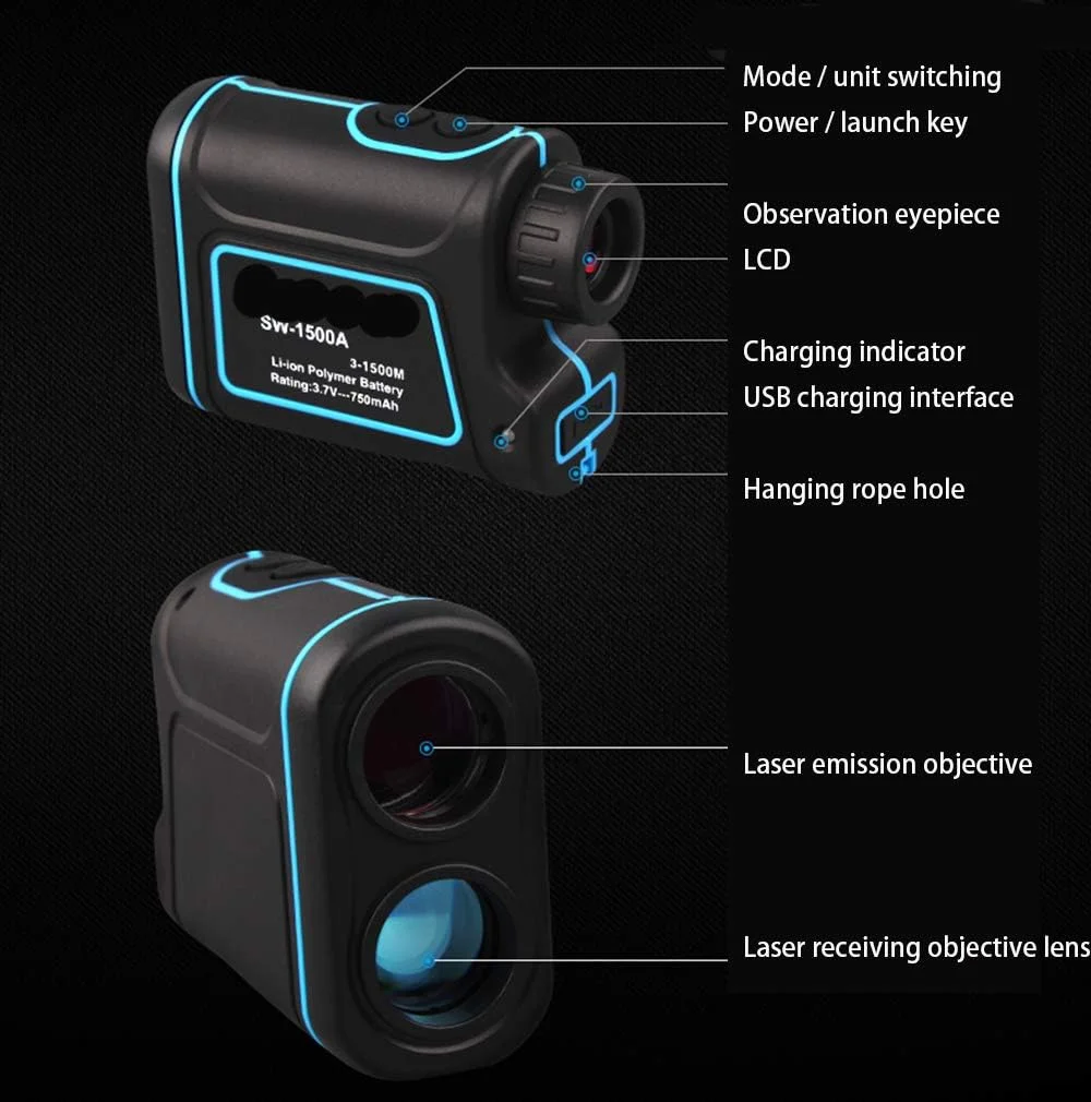 فاصله یاب TEmkin با تلسکوپ LCD، ابزار اندازه گیری فاصله قابل شارژ دستی با دقت بالا 3-1500 متر (سایز: 3-1000 متر)