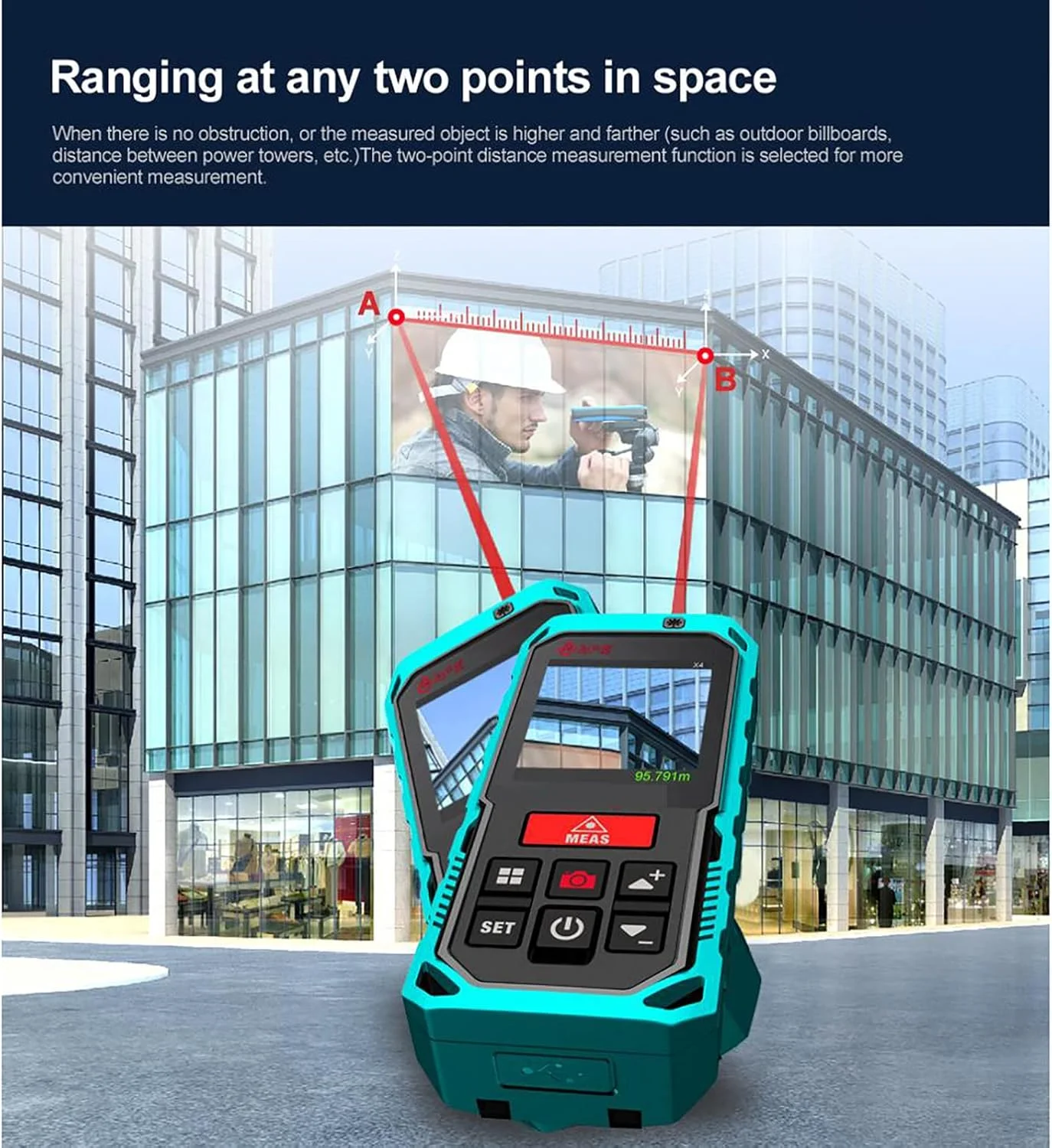 فاصله یاب دستی بیرونی، 200 متر، نسخه ویدیویی خط کش الکترونیکی، اندازه گیری فاصله در هر دو نقطه، خروجی سریع طرح ها، ذخیره سازی 1000 مجموعه داده