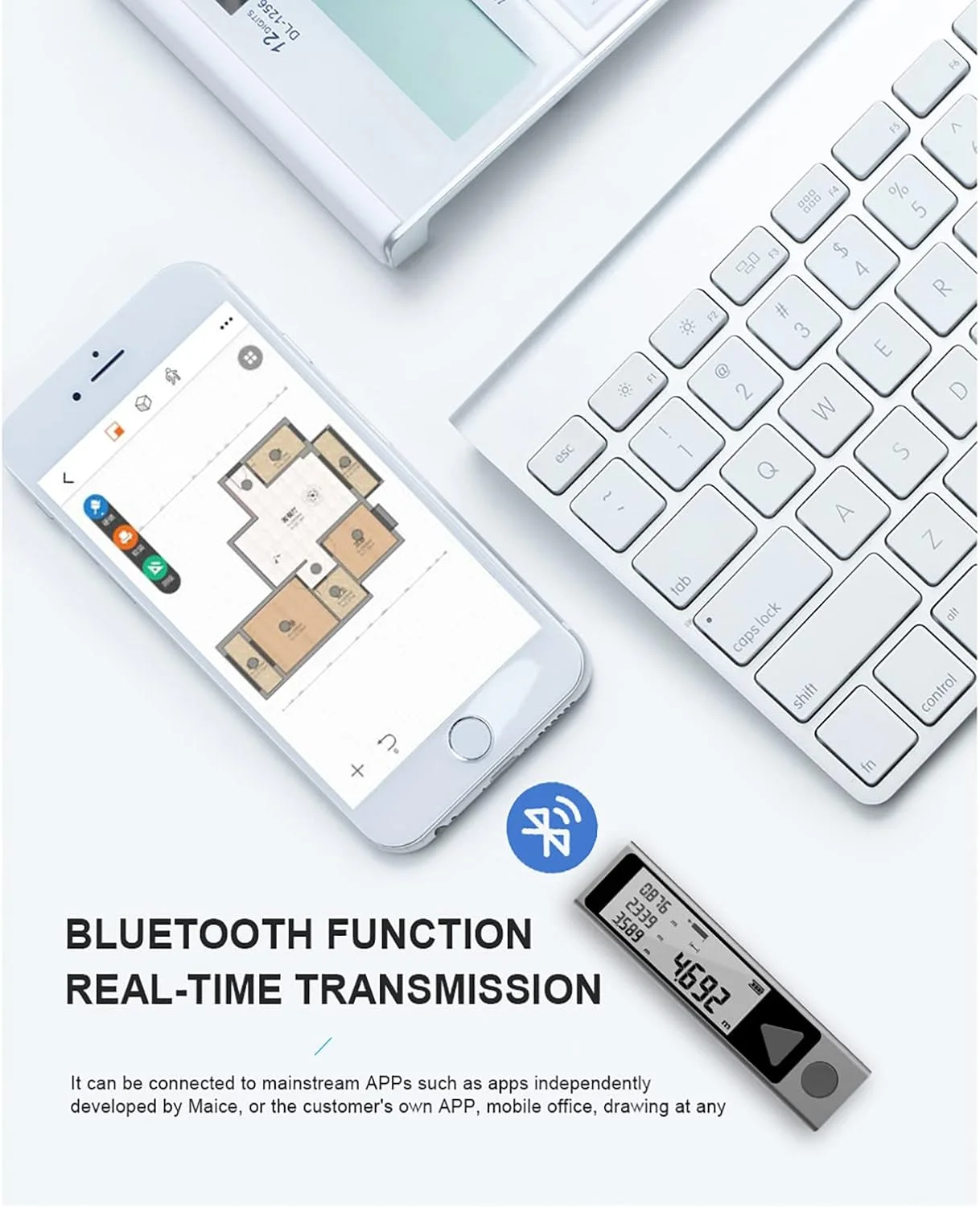 فاصله یاب بلوتوثی دستی، ابزار اندازه گیری الکترونیکی اتاق با دقت بالا، بدنه آلیاژ آلومینیوم، خروجی طرح CAD/3D، حالت های اندازه گیری چندگانه