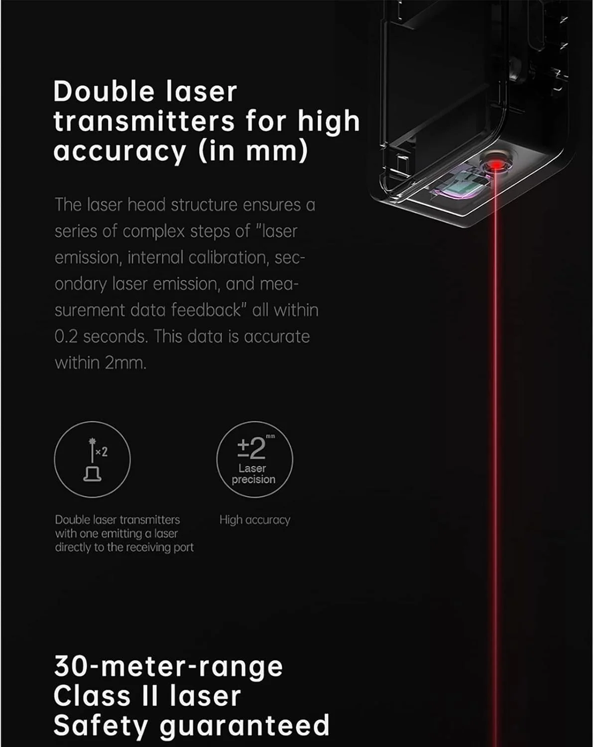 فاصله یاب هوشمند با نمایشگر دیجیتال، خط کش الکترونیکی کوچک برای اندازه گیری فاصله، نمایشگر پنهان OLED، اشتراک گذاری و خروجی داده ها در زمان واقعی، پشتیبانی از عملکردهای عکس/نقاشی/اندازه گیری