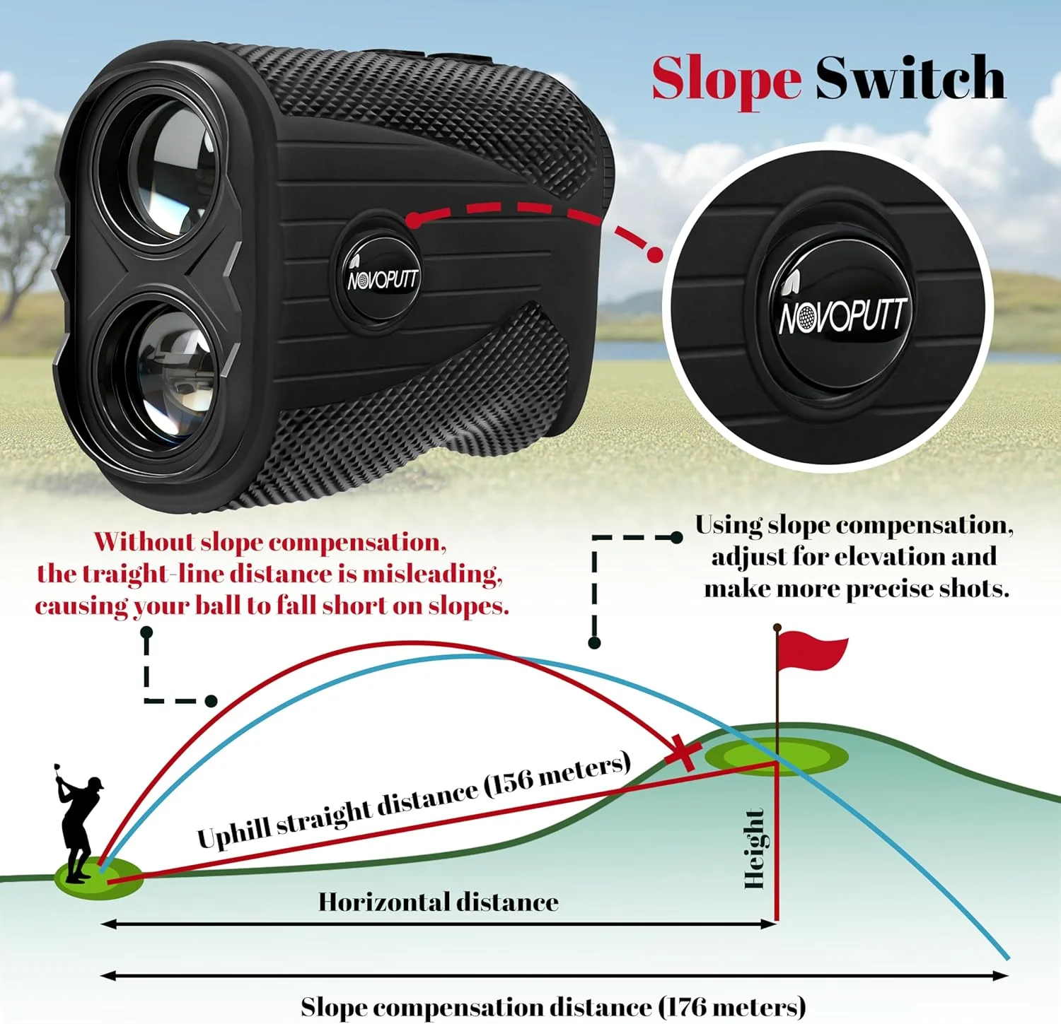 مسافت یاب گلف با شیب و قفل میله پرچم با لرزش، مسافت یاب لیزری 1200YDS، بزرگنمایی 7X، سوئیچ شیب خارجی برای مسابقات گلف