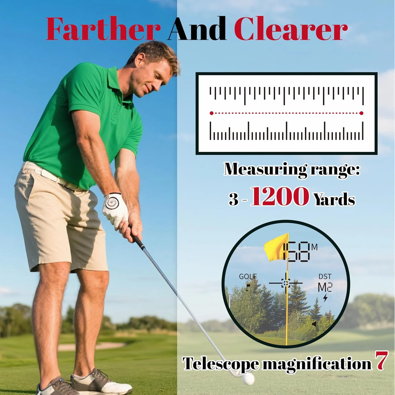مسافت یاب گلف با شیب و قفل میله پرچم با لرزش، مسافت یاب لیزری 1200YDS، بزرگنمایی 7X، سوئیچ شیب خارجی برای مسابقات گلف