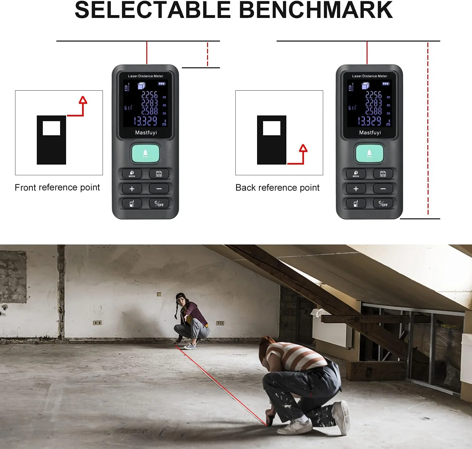 متر فاصله یاب دستی 120 متری دیجیتال لیزری الکترونیکی، دستگاه اندازه گیری مساحت/حجم/فیثاغورث با قابلیت ذخیره سازی 99 گروه داده