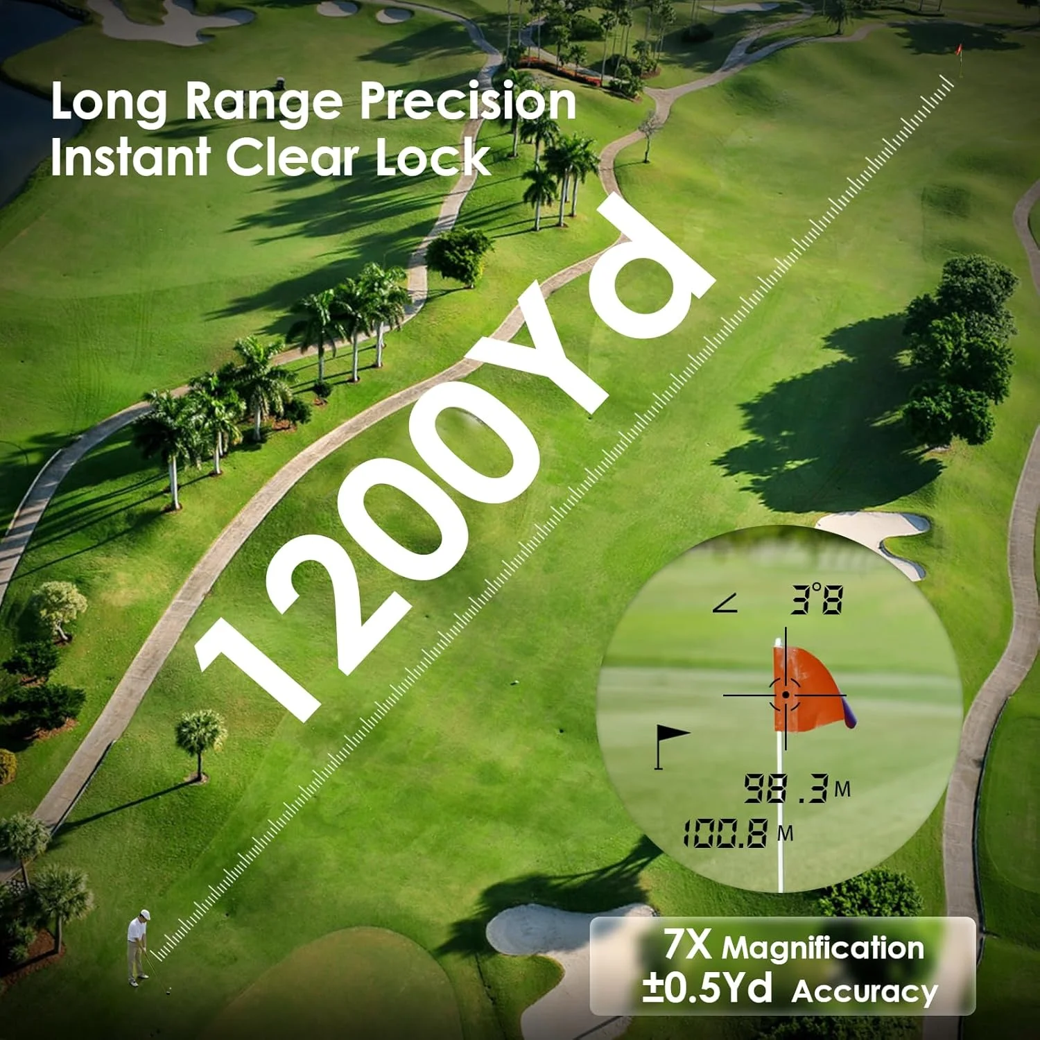 مسافت یاب گلف با شیب و قفل پین و لرزش، مسافت یاب لیزری 1200 یاردی برای گلف و شکار، بزرگنمایی 7 برابر، مسافت یاب قابل شارژ با نوار مغناطیسی IP54 ضد آب (خاکستری)