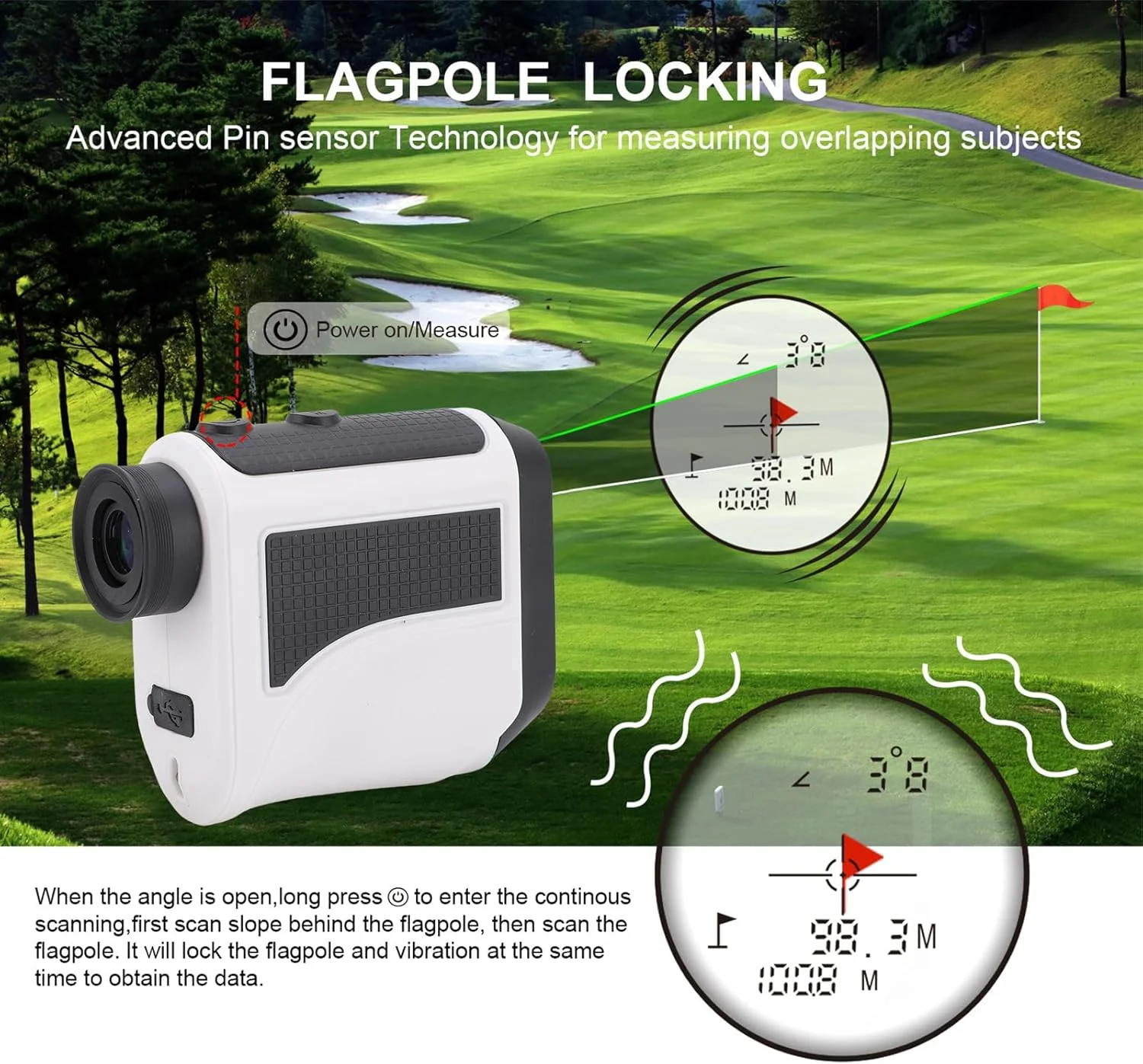 مسافت یاب گلف با شیب و قفل پین و لرزش، مسافت یاب لیزری 1200 یاردی برای گلف و شکار، بزرگنمایی 7 برابر، مسافت یاب قابل شارژ با نوار مغناطیسی IP54 ضد آب (سفید)