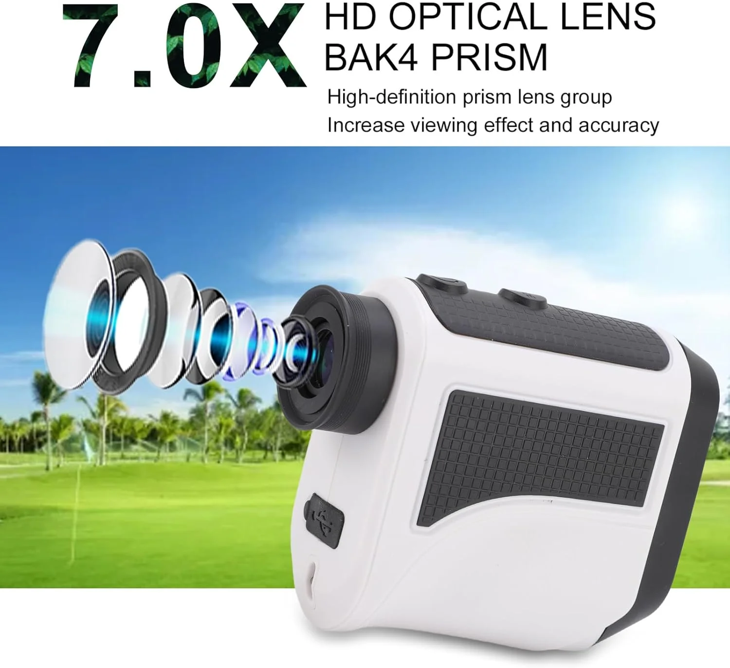 مسافت یاب گلف با شیب و قفل پین و لرزش، مسافت یاب لیزری 1200 یاردی برای گلف و شکار، بزرگنمایی 7 برابر، مسافت یاب قابل شارژ با نوار مغناطیسی IP54 ضد آب (سفید)