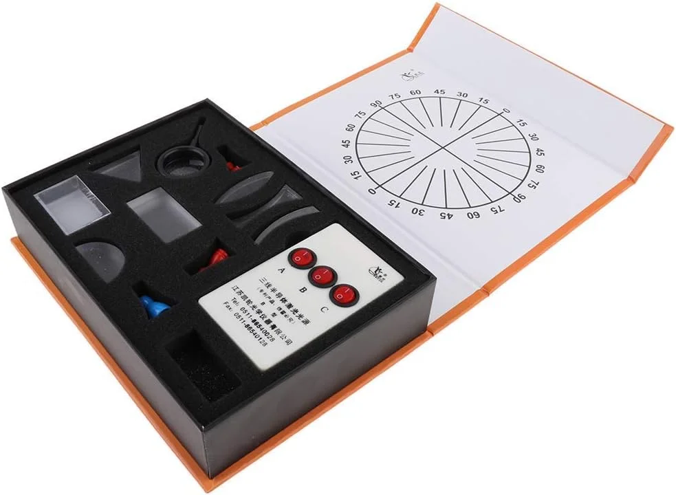 مجموعه لنزهای نوری مقعر و محدب، منشور، کیت فیزیکی نوری، تجهیزات آزمایشگاهی به همراه مولد پرتو نور و باتری