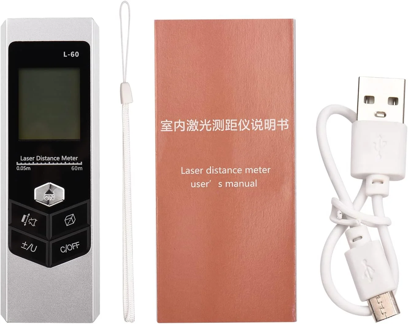 متر لیزری کوچک 60 متری پپیسکی با صفحه نمایش، محاسبه مساحت و فیثاغورس، دارای نور LED و قابل شارژ با USB