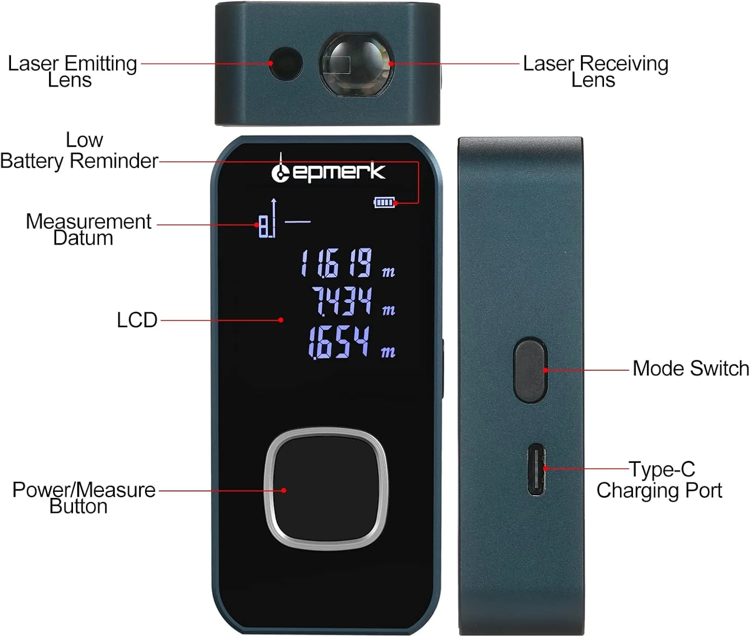 متر لیزری دیجیتال کوچک 60 متری پپیسکی با صفحه نمایش LCD و سنسور زاویه الکترونیکی برای اندازه گیری مساحت و محیط