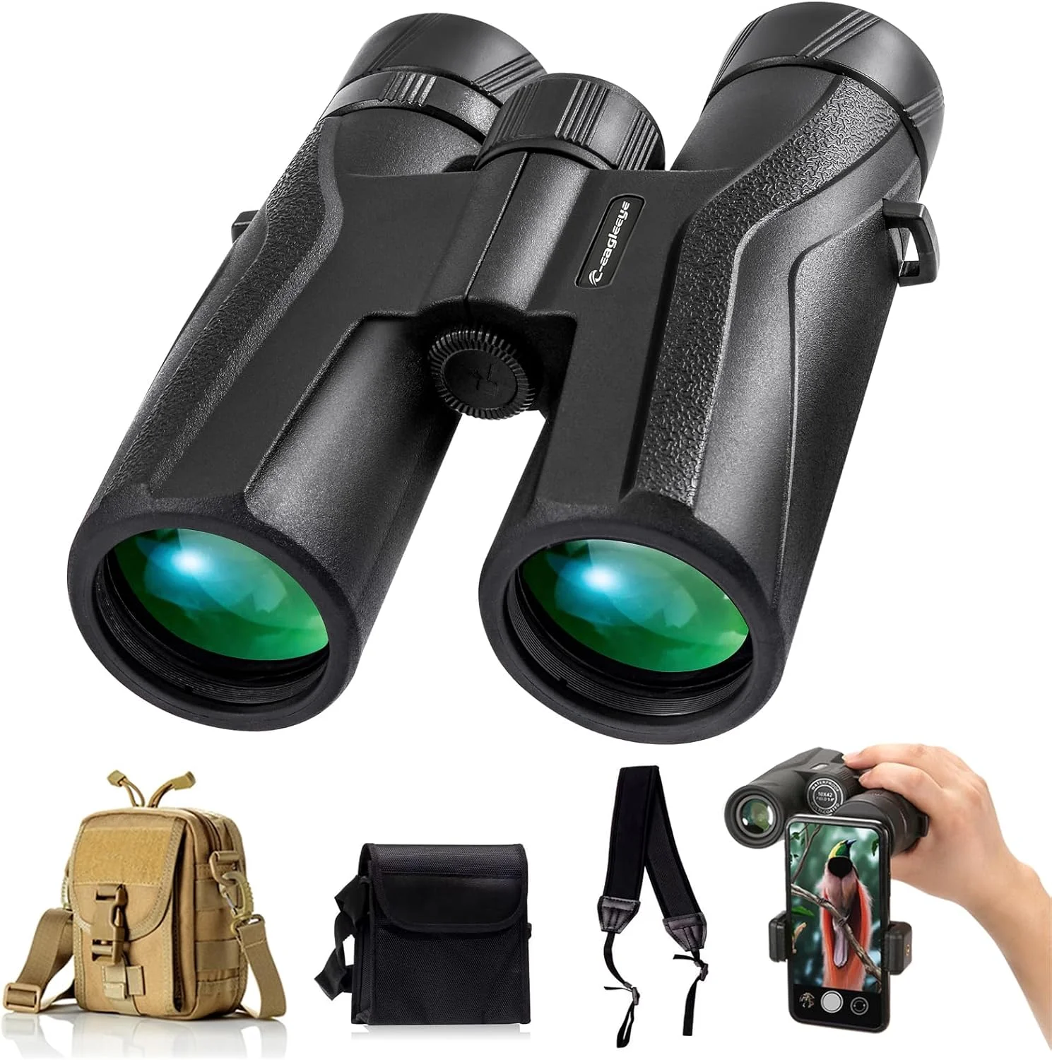 دوربین دوچشمی 10x42 Ceagleeye برای بزرگسالان، ضد آب حرفه ای Ipx7 و ضد مه با لنز Bak4 چشمی بزرگ 23 میلی متری، دوربین دوچشمی برای مسافرت، تماشای پرندگان، شکار، ورزش، کیف اضافی، بند، آداپتور تلفن، مشکی