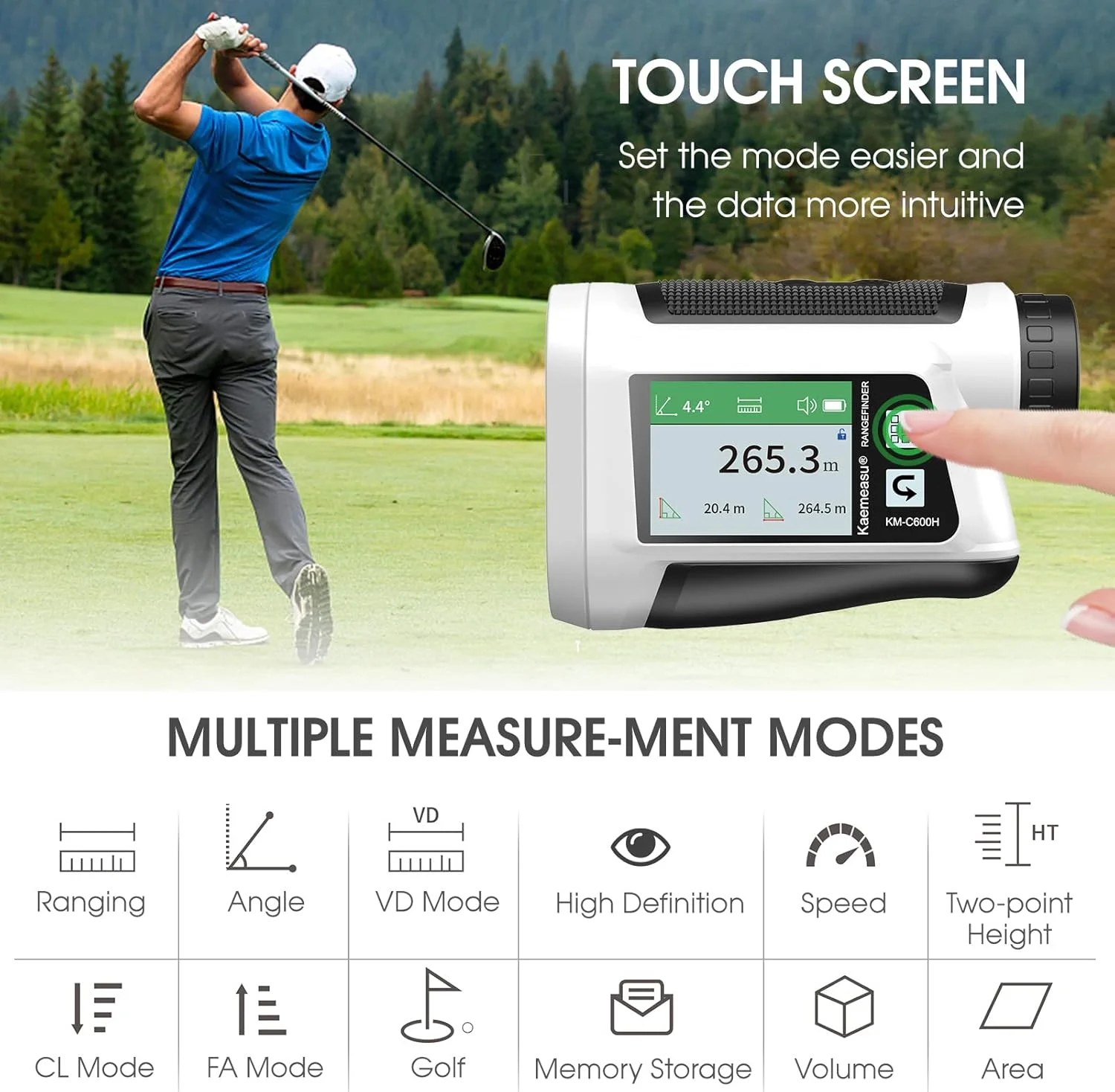 فاصله یاب گلف Morelian با صفحه نمایش لمسی LCD بزرگنمایی 6X، 600 متر / 800 متر، متر فاصله یاب قابل شارژ USB با عملکرد شیب، قفل کردن پرچم و لرزش
