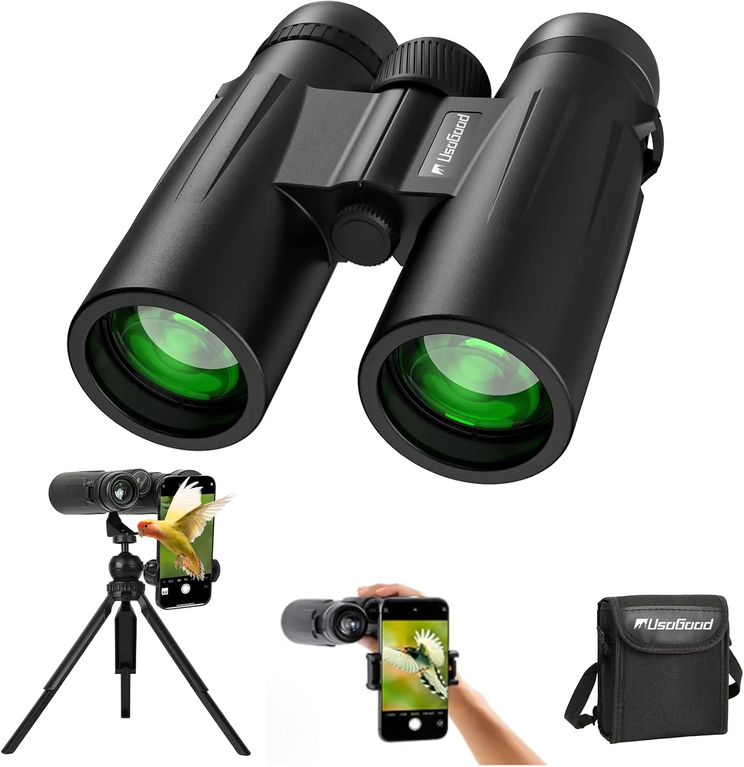 دوربین شکاری 12x42 usogood با سه پایه ارتقا یافته و آداپتور تلفن - HD با فوکوس آسان و جمع و جور برای تماشای پرندگان، لوازم ضروری سفر، ورزش، سفر دریایی و شکار