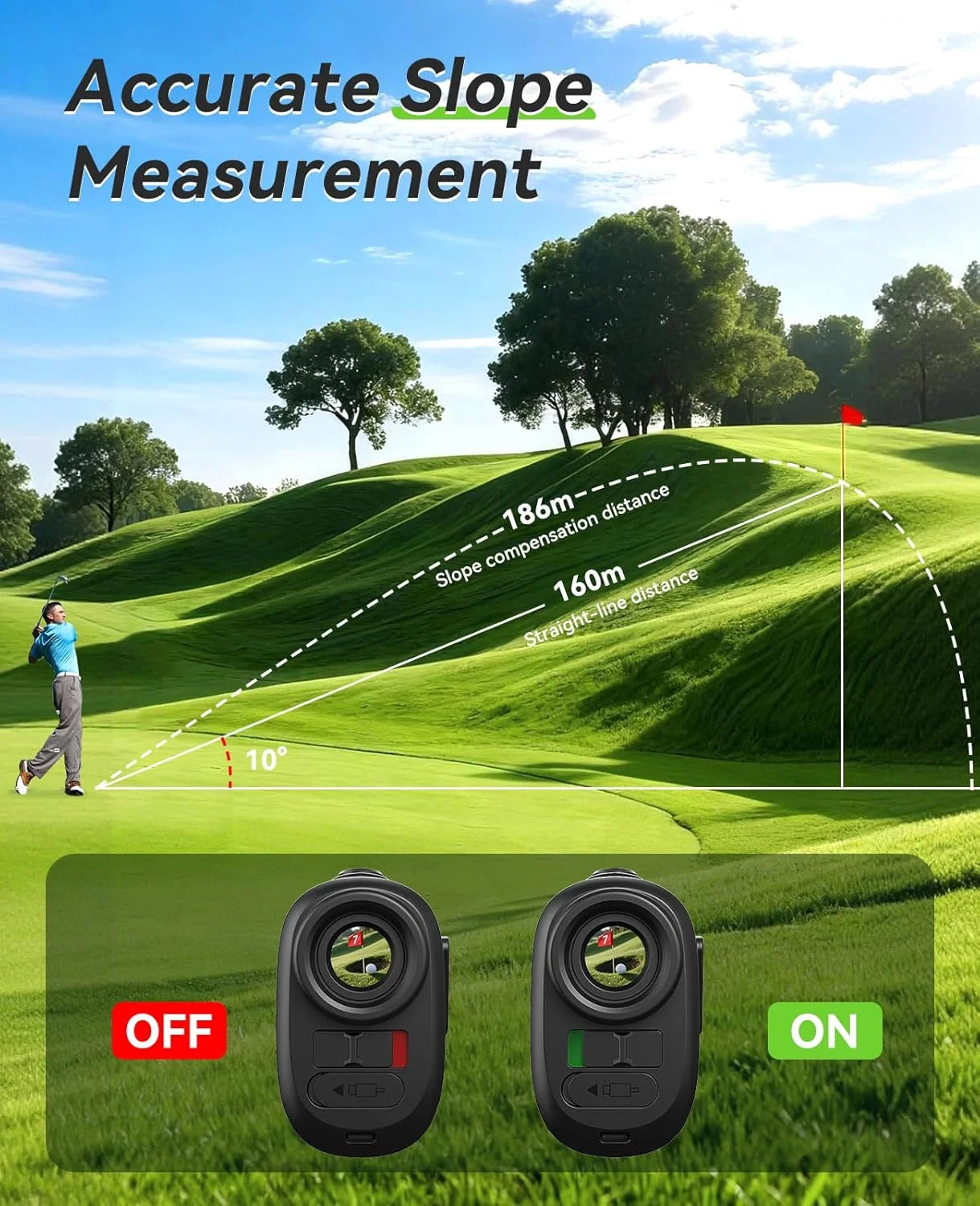 مسافت یاب گلف با شیب، مسافت یاب 1200 یاردی، بزرگنمایی 7X، قفل کردن میله پرچم با لرزش، مقاوم در برابر آب IP54، باتری 750 میلی آمپر ساعتی، نوار مغناطیسی، لوازم جانبی گلف برای مردان و زنان