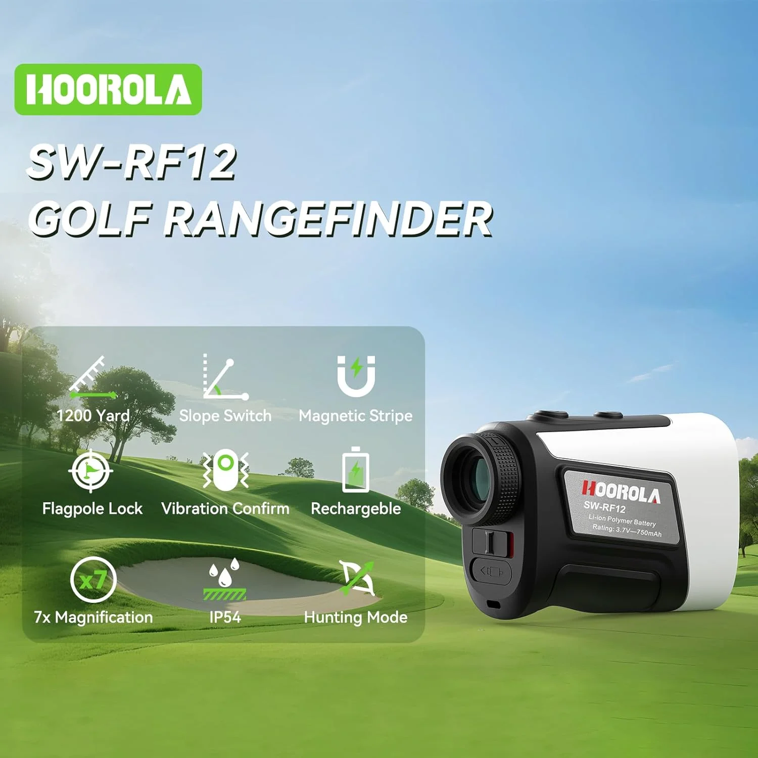 فاصله یاب گلف با شیب، 1100 متر، بزرگنمایی 7X، قفل کردن میله پرچم با لرزش، مقاوم در برابر آب IP54، باتری قابل شارژ، نوار مغناطیسی، لوازم جانبی گلف برای آقایان و بانوان