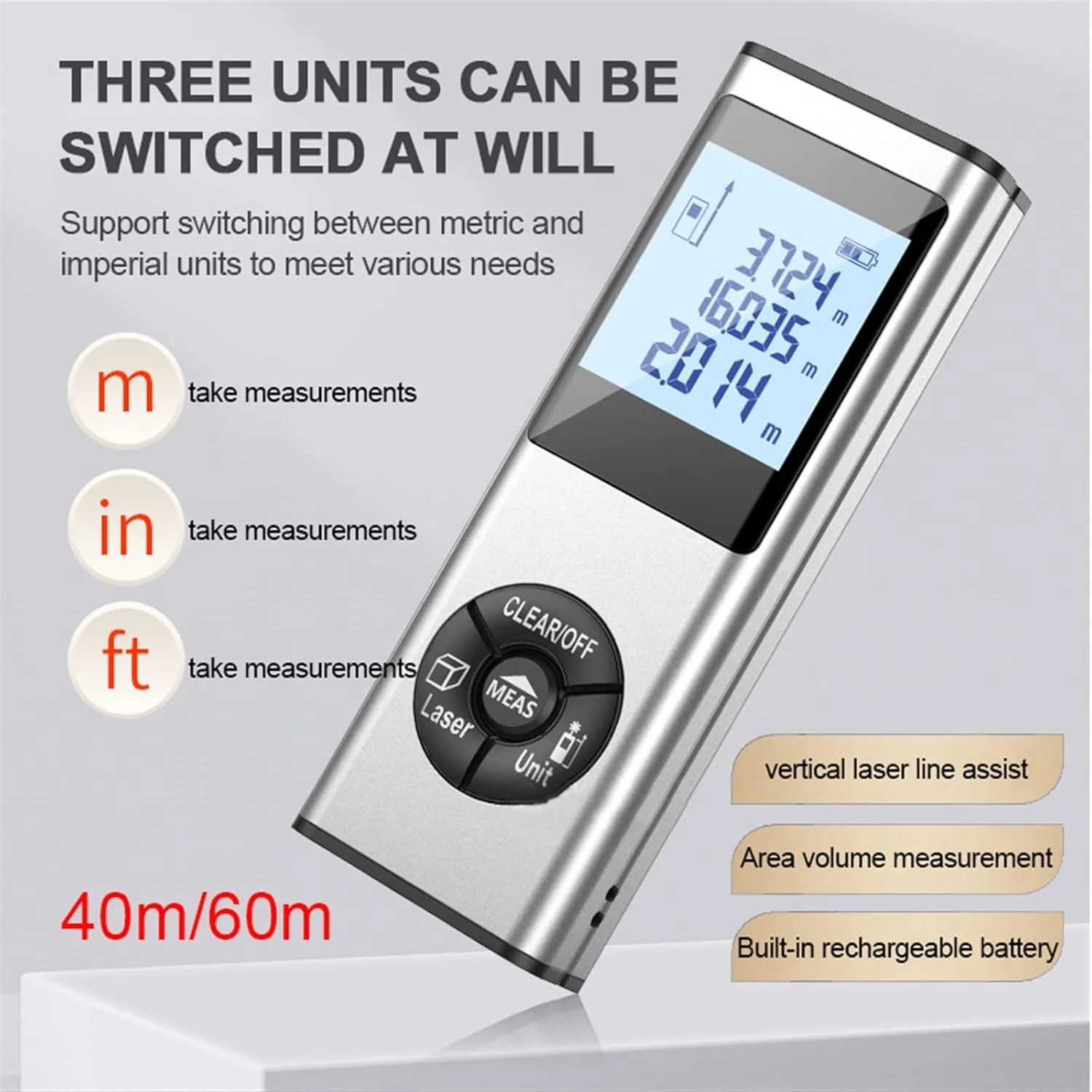 ساعت ارتفاع سنج، مسافت یاب لیزری مینی قابل شارژ دستی، ابزار اندازه گیری مادون قرمز با دقت بالا (رنگ: خاکستری تفنگی، سایز: 60 متر)