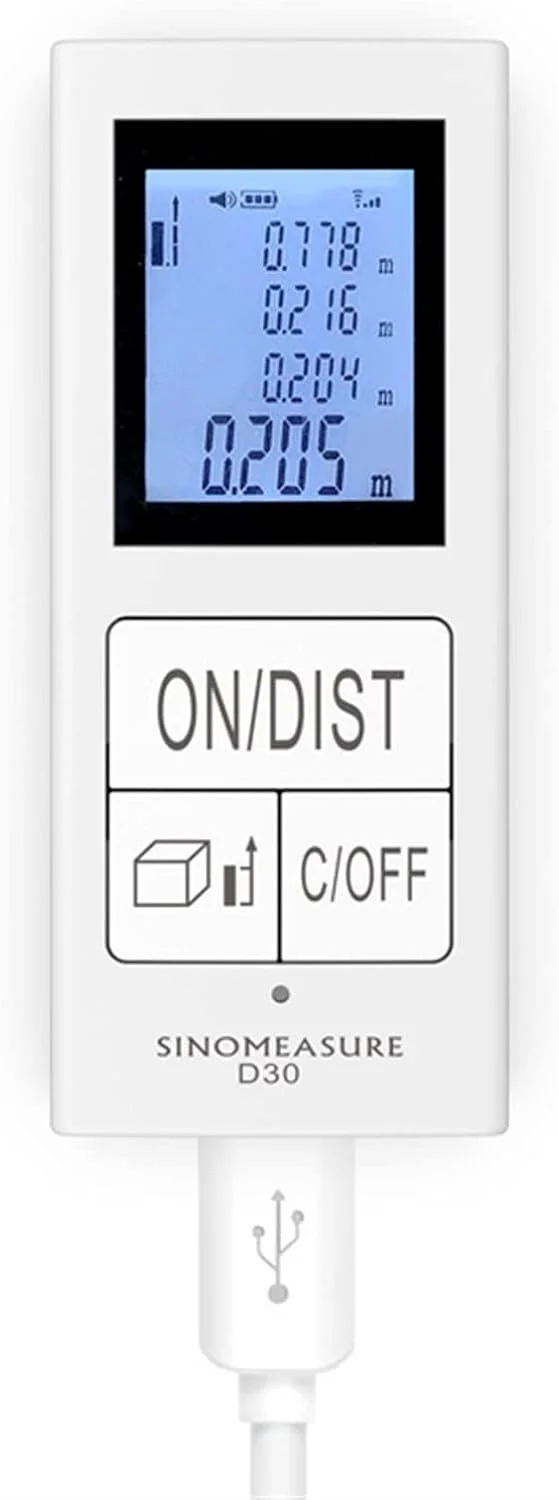 ساعت ارتفاع سنج، مینی فاصله یاب مادون قرمز دستی قابل شارژ لیزری، خط کش اندازه گیری الکترونیکی، متر اندازه گیری اتاق، متر فاصله لیزری (رنگ: سفید، اندازه: 30 متر)