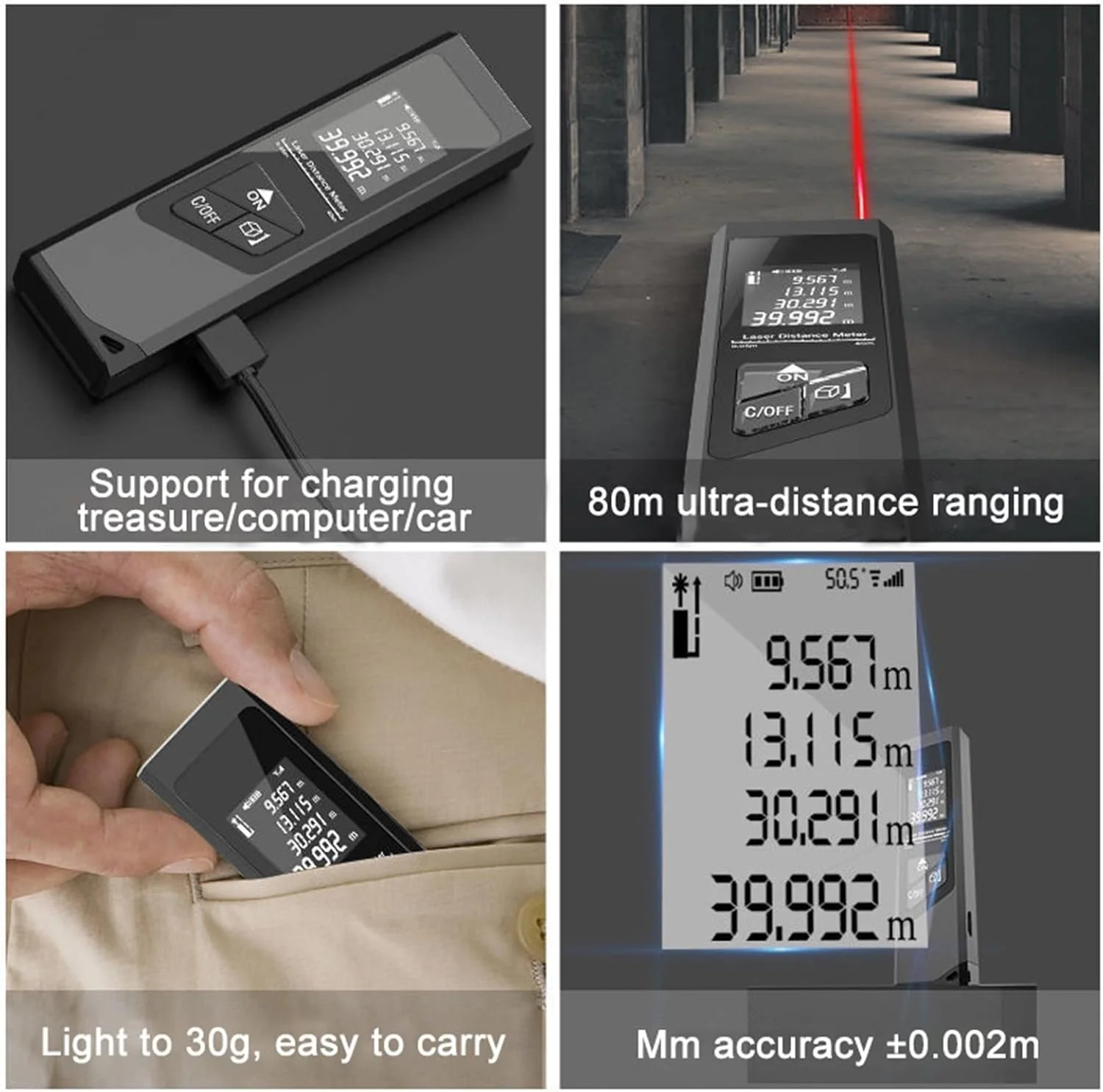 ساعت ارتفاع سنج، مسافت یاب لیزری، شارژر قابل حمل، مسافت یاب با دقت بالا، زاویه سنج دیجیتال (اندازه: 60 متر)