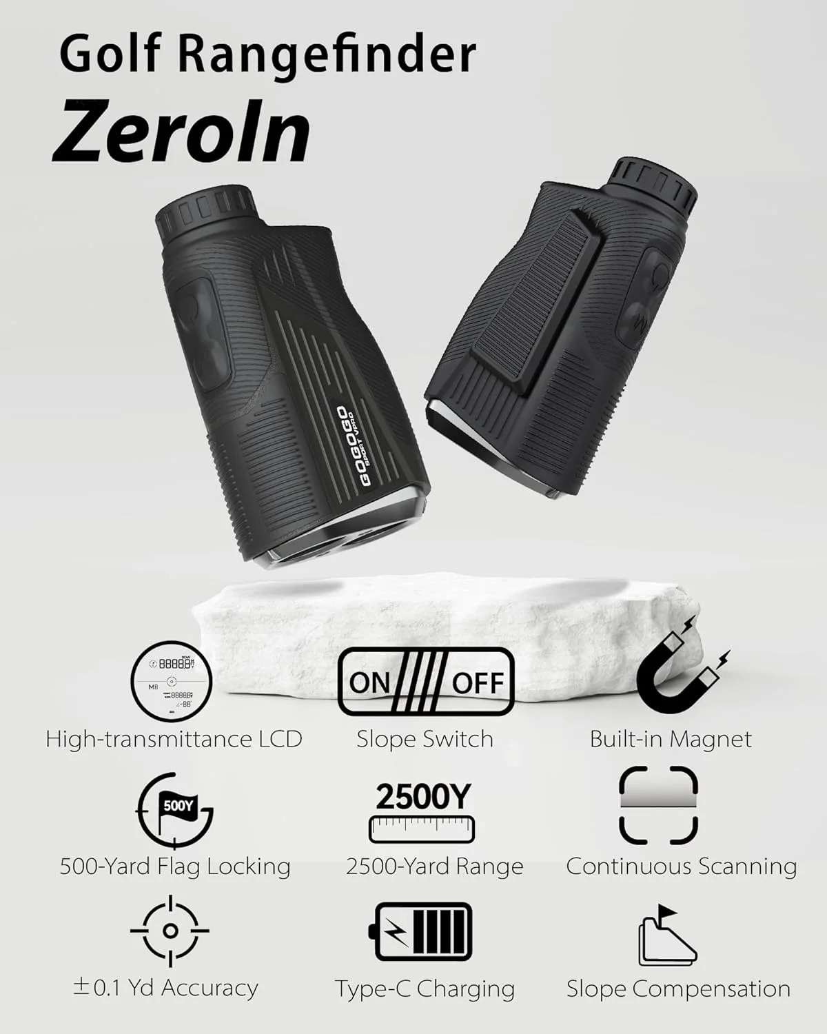 مسافت یاب لیزری گلف مغناطیسی Gogogo Sport Vpro ZeroIn با کلید روشن/خاموش شیب، برد 2500 یاردی با قفل پرچم 500Y، لرزش، کابل USB