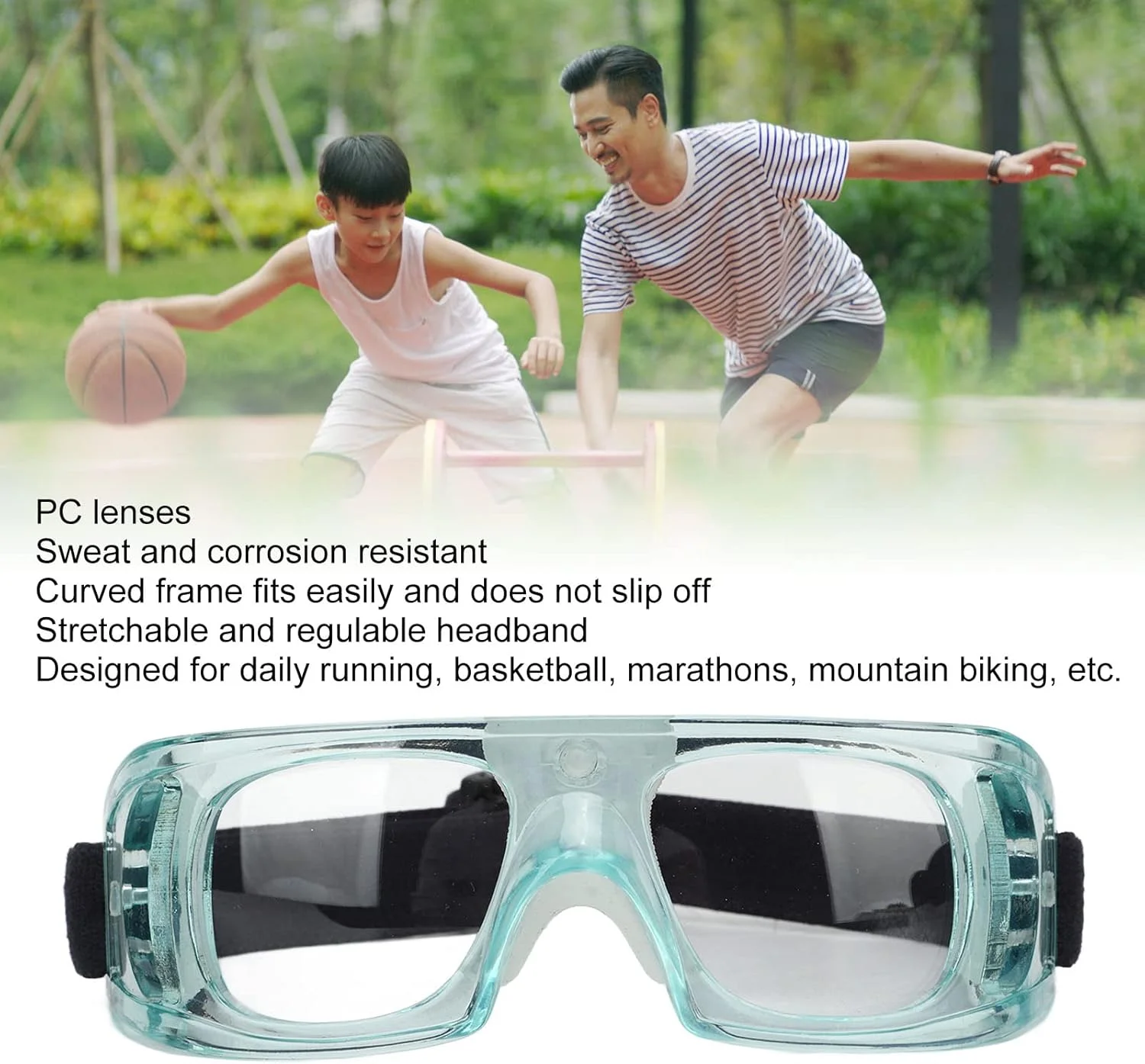 عینک ورزشی کودکان با طراحی قابل تنظیم، فریم منحنی، جنس PC مقاوم در برابر ضربه - عینک محافظ بسکتبال برای کودکان - دارای بند قابل تنظیم