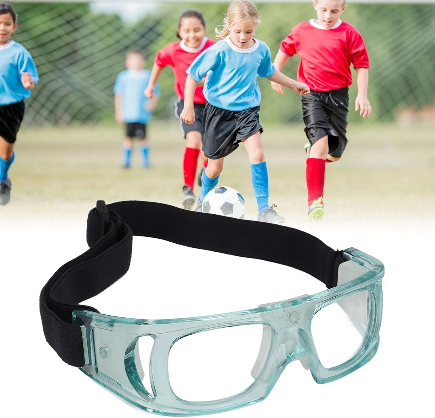 عینک ورزشی کودکان با طراحی قابل تنظیم، فریم منحنی، جنس PC مقاوم در برابر ضربه - عینک محافظ بسکتبال برای کودکان - دارای بند قابل تنظیم