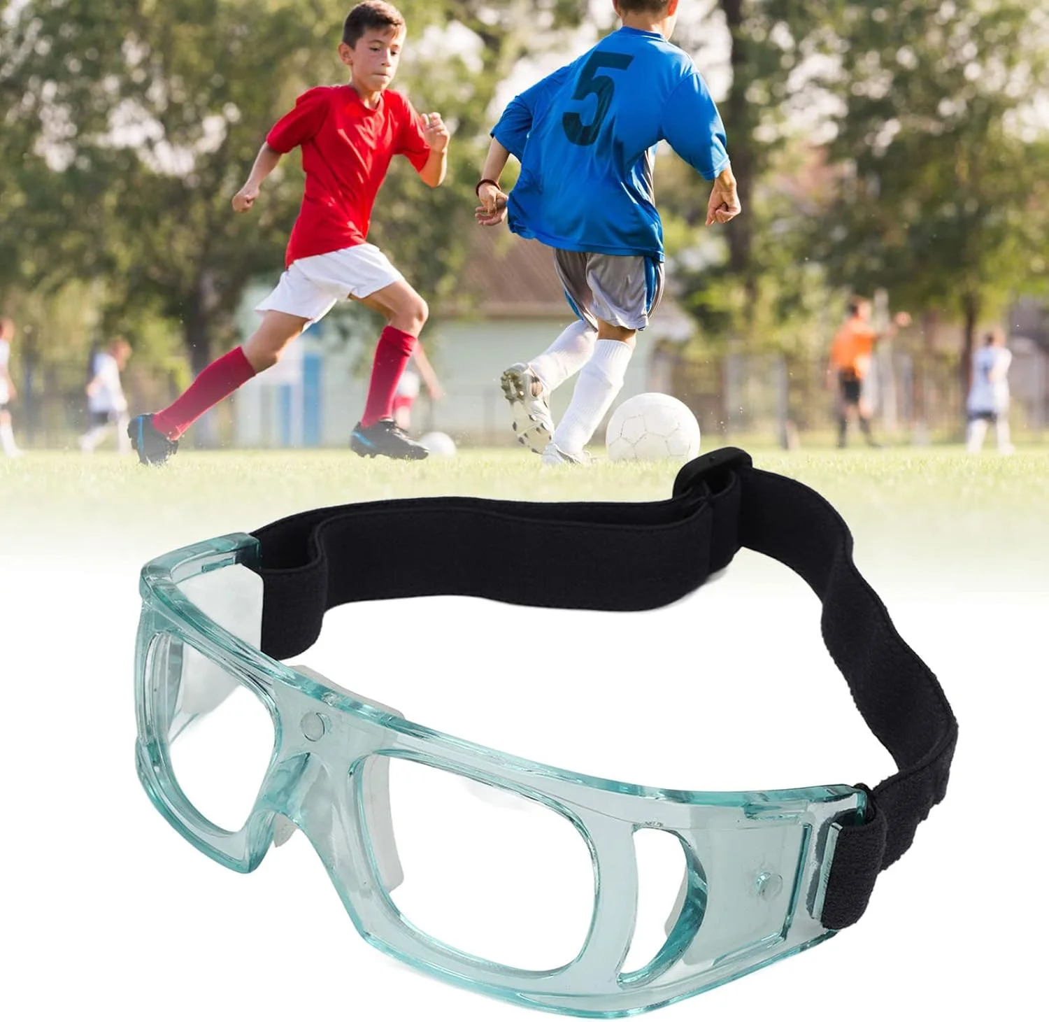 عینک ورزشی کودکان با طراحی قابل تنظیم، فریم منحنی، جنس PC مقاوم در برابر ضربه - عینک محافظ بسکتبال برای کودکان - دارای بند قابل تنظیم