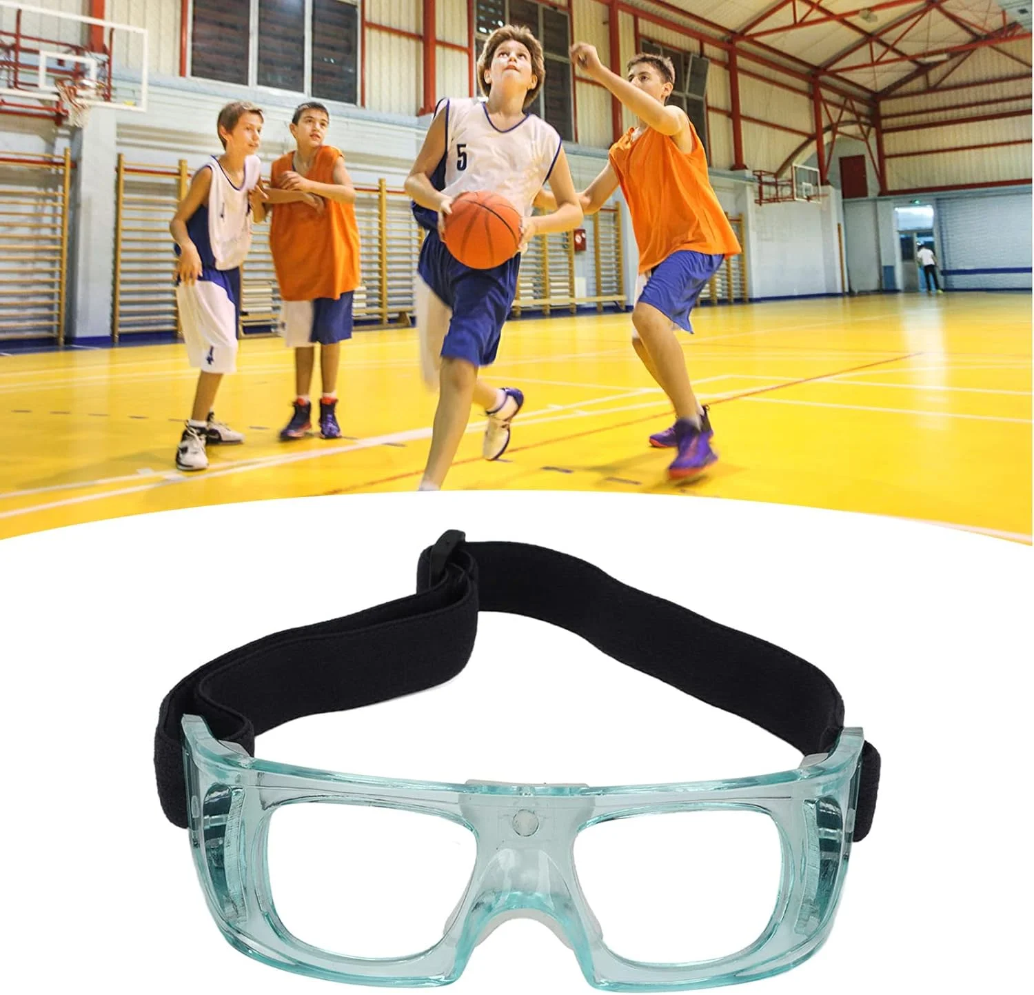 عینک ورزشی کودکان با طراحی قابل تنظیم، فریم منحنی، جنس PC مقاوم در برابر ضربه - عینک محافظ بسکتبال برای کودکان - دارای بند قابل تنظیم