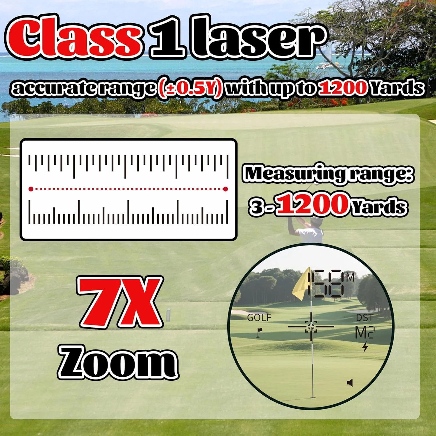 فاصله یاب گلف با قابلیت شیب، برد ۱۲۰۰ یارد، دارای کلید خارجی شیب برای مسابقات گلف، بزرگنمایی ۷ برابر، قفل میله پرچم با لرزش، مغناطیسی و قابل شارژ