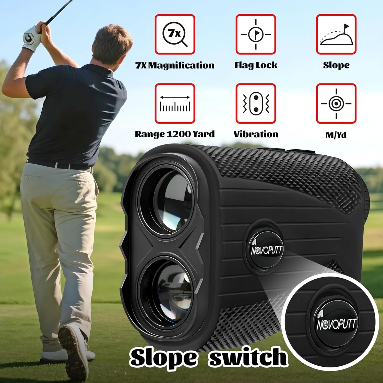 فاصله یاب گلف با قابلیت شیب، برد ۱۲۰۰ یارد، دارای کلید خارجی شیب برای مسابقات گلف، بزرگنمایی ۷ برابر، قفل میله پرچم با لرزش، مغناطیسی و قابل شارژ